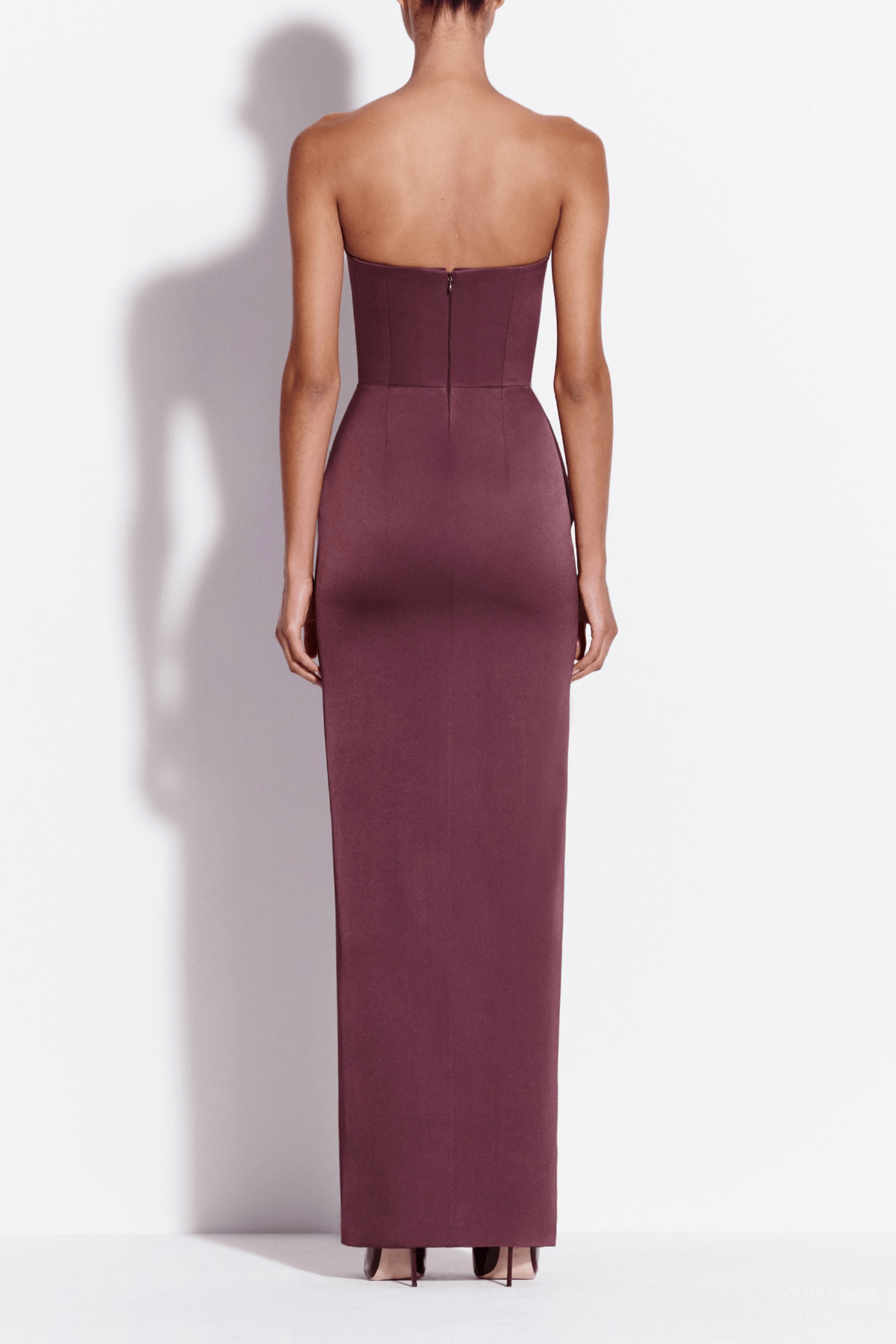 Strapless Cup Column Satin Crepe in Plum - shop - olivia.com