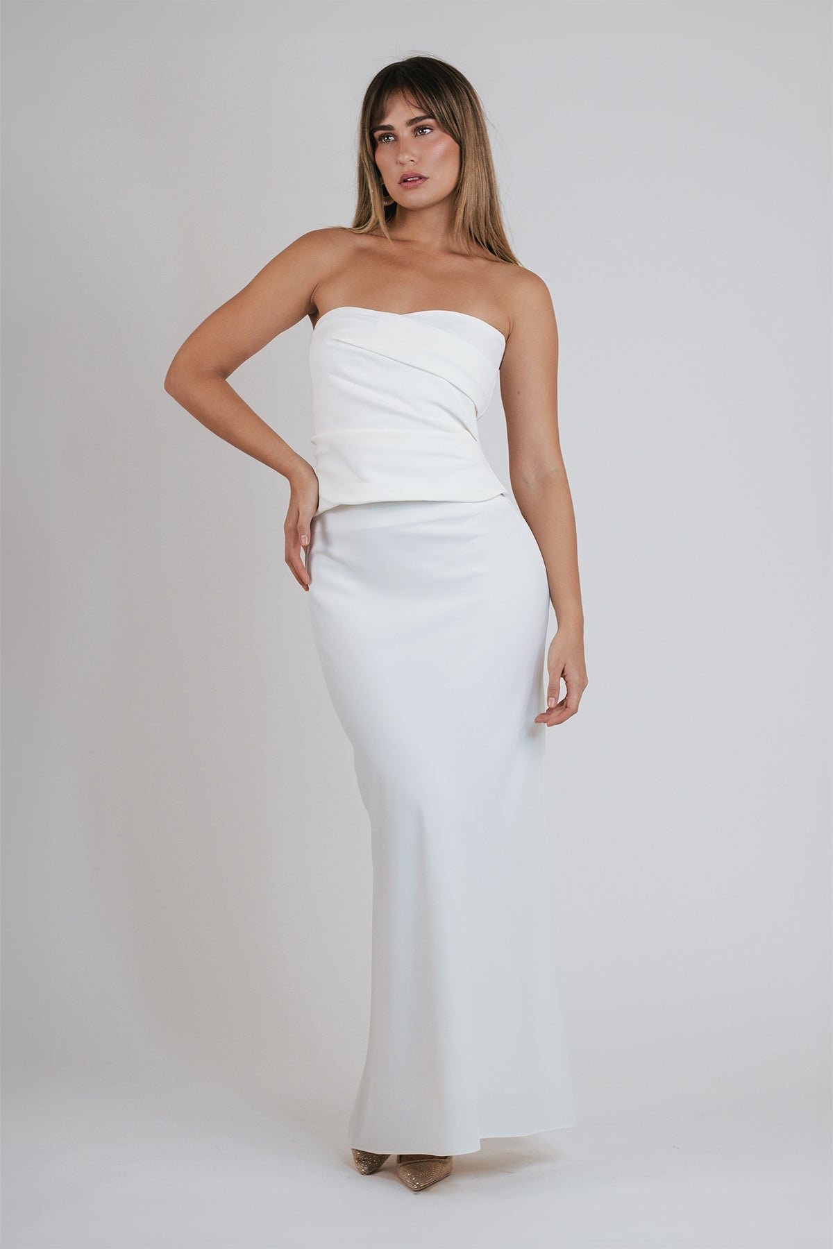 Strapless Pleat Top in Ivory Crepe - shop - olivia.com