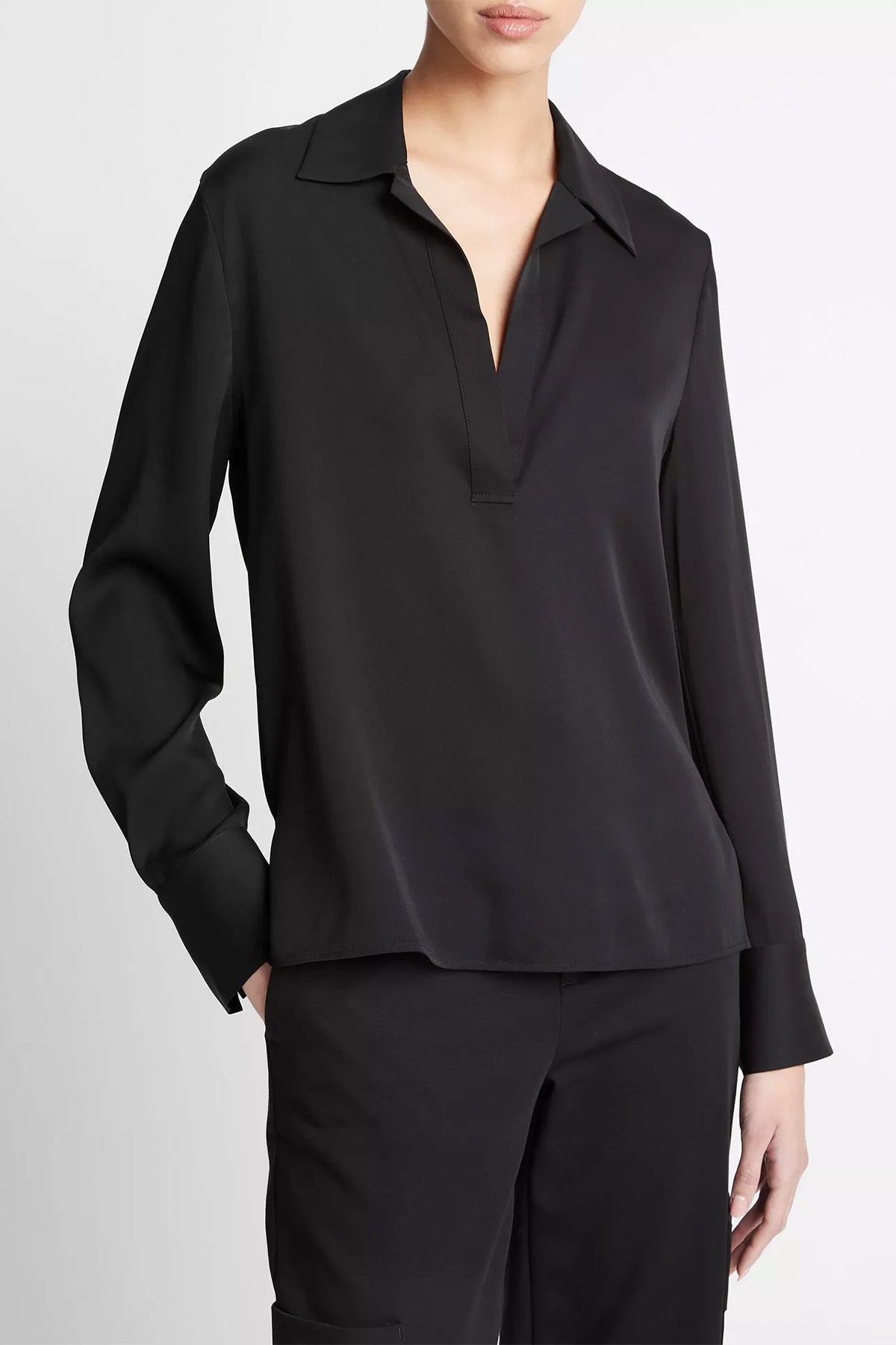 Stretch - Silk Long - Sleeve Polo Blouse in Black - shop - olivia.com