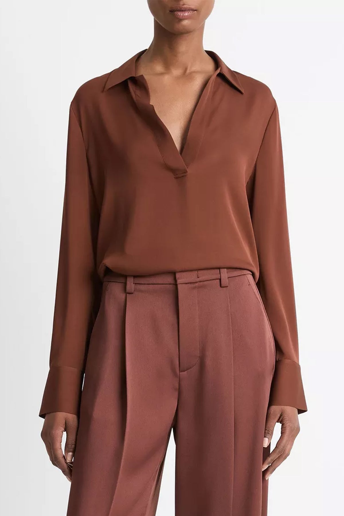 Stretch - Silk Long - Sleeve Polo Blouse in Deep Rosewood - shop - olivia.com