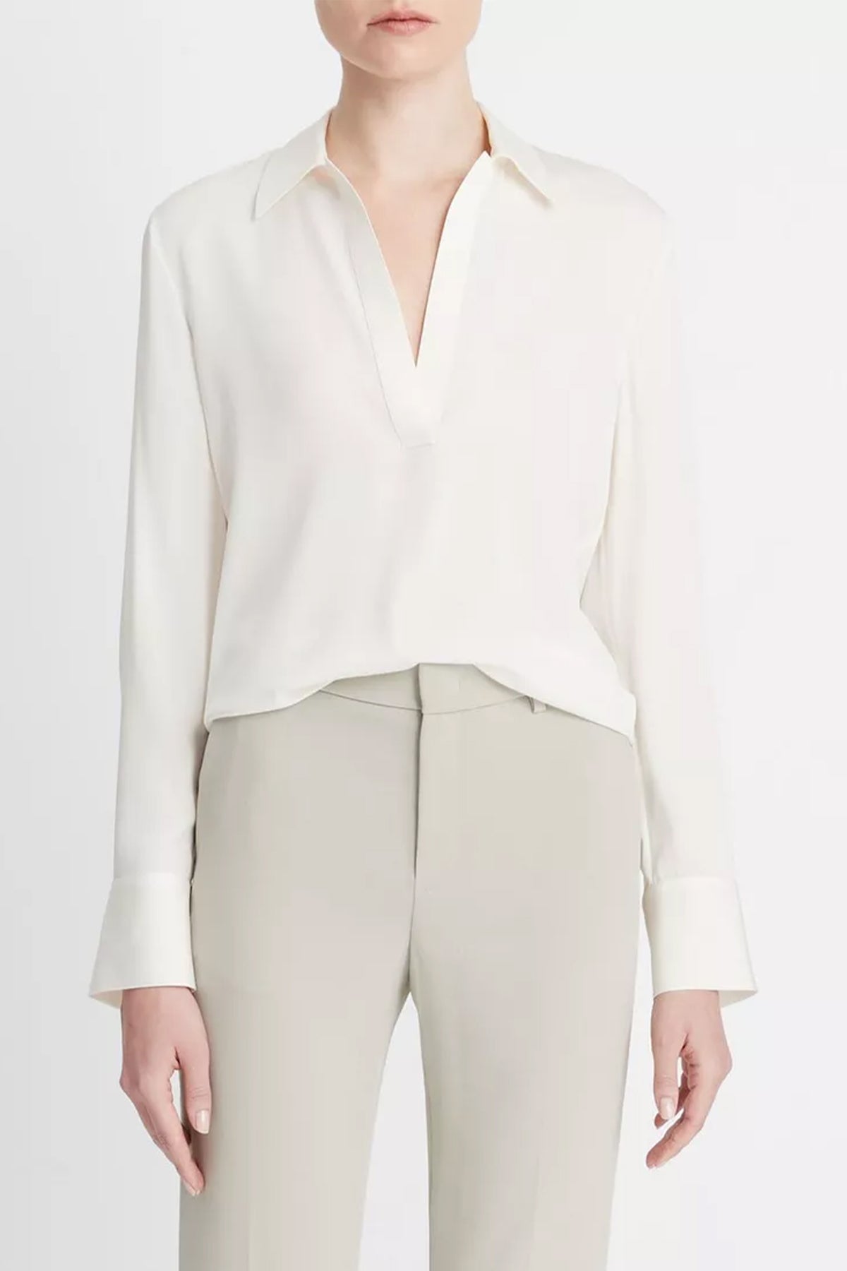 Stretch - Silk Long - Sleeve Polo Blouse in Off - White - shop - olivia.com