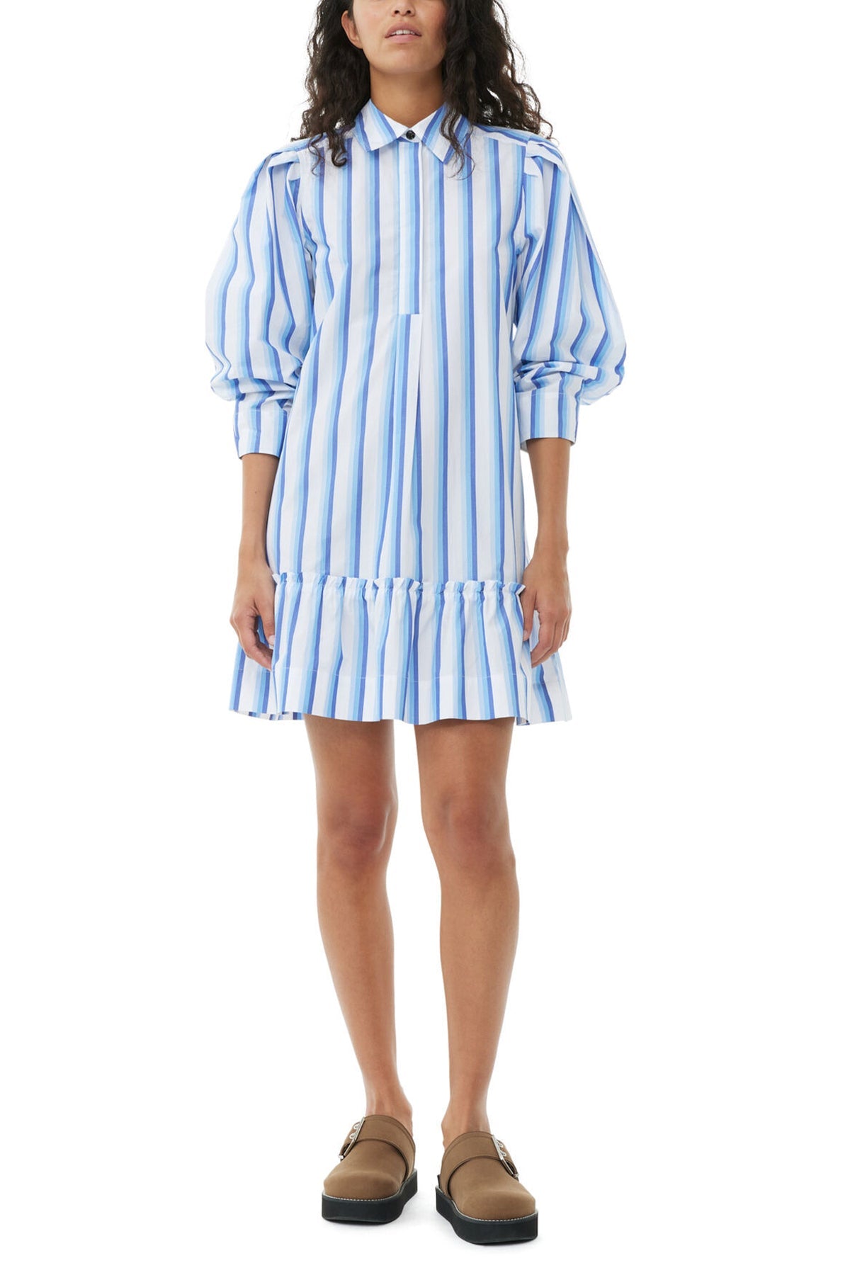 Striped Cotton Mini Shirt Dress in Silver Lake Blue - shop-olivia.com