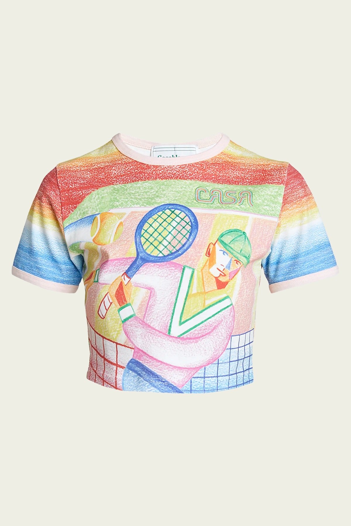 Tennis Player Printed Crop Baby Ringer T-Shirt in Crayon - shop-olivia.com