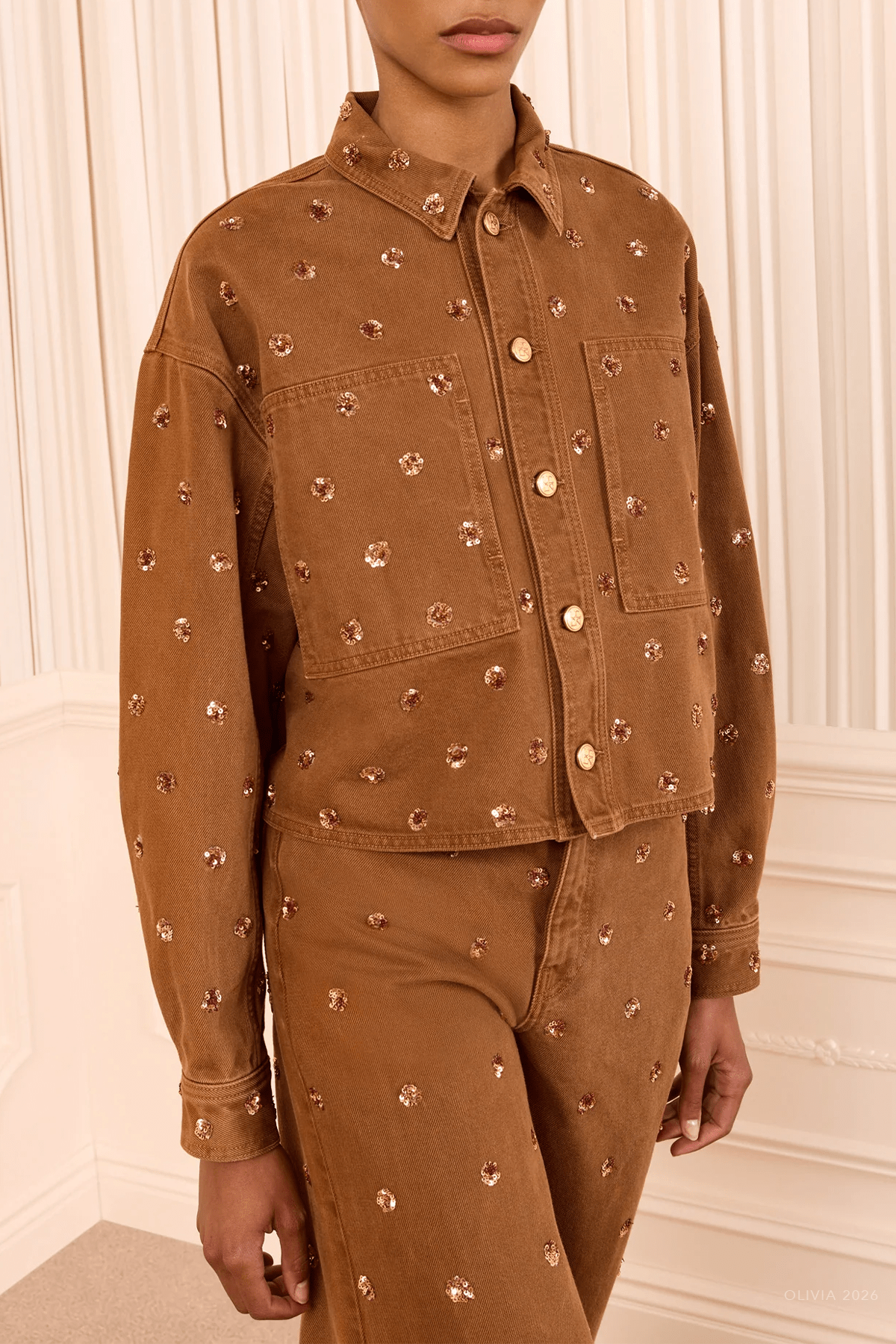 The Bobbi Embellished Denim Jacket in Umber - shop-olivia.com