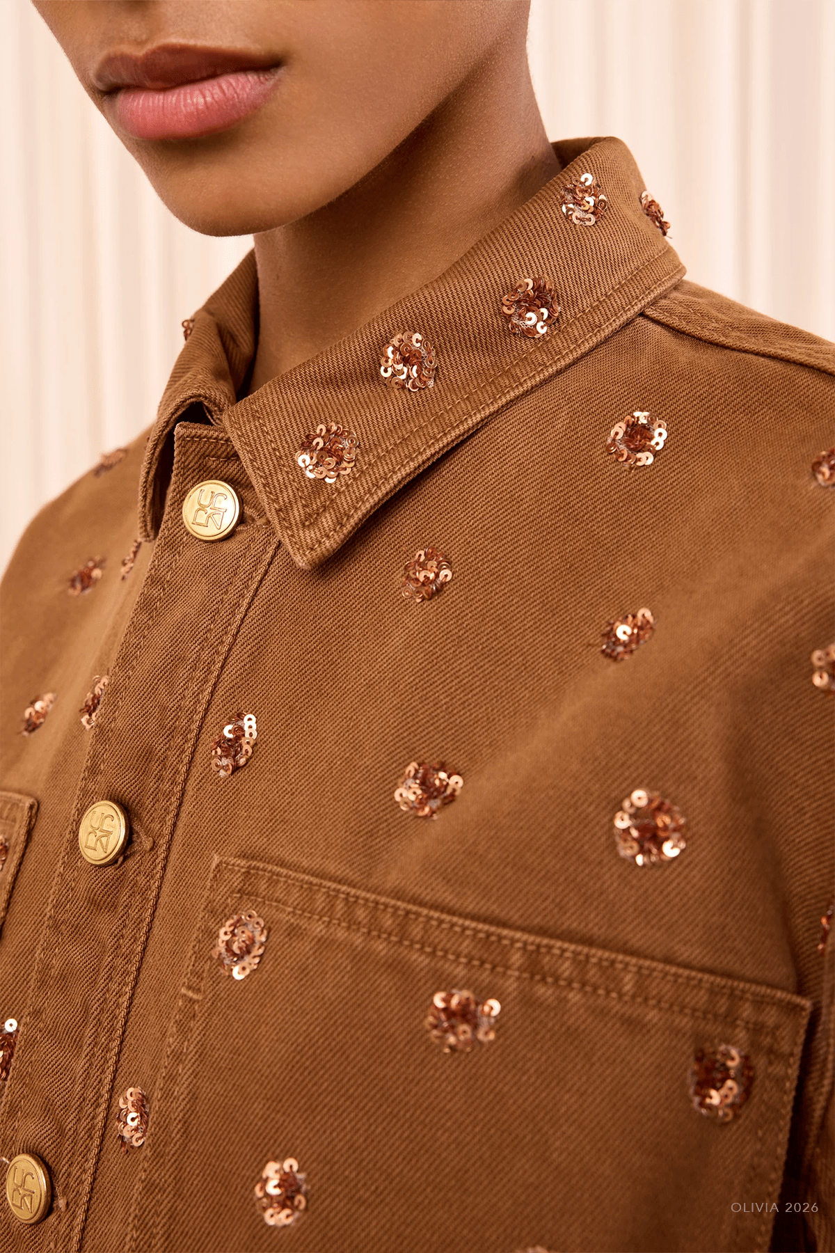 The Bobbi Embellished Denim Jacket in Umber - shop-olivia.com