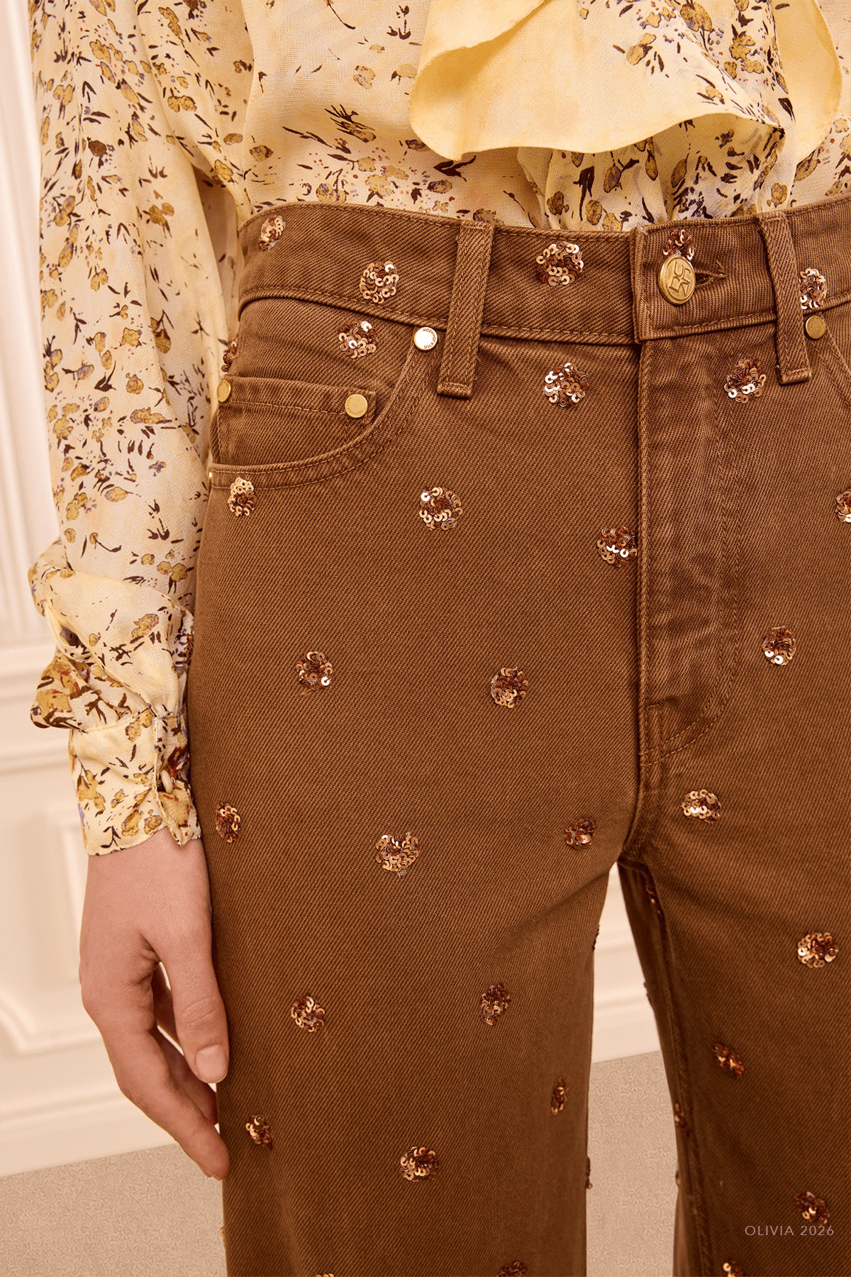 The Willow Embellished Wide Leg Jean in Umber - shop-olivia.com