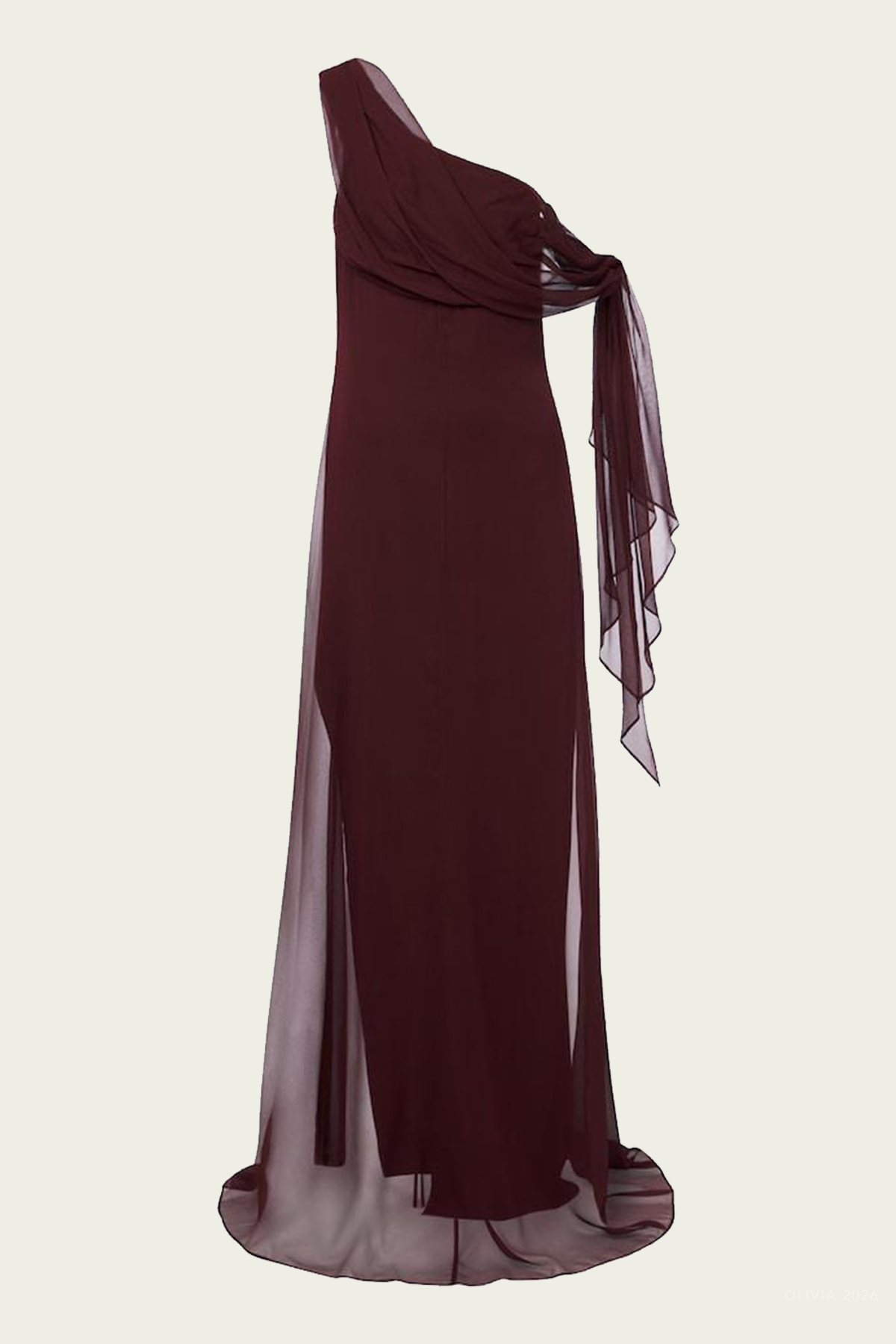 Chiffon Draped Gown with Tie in Henna
