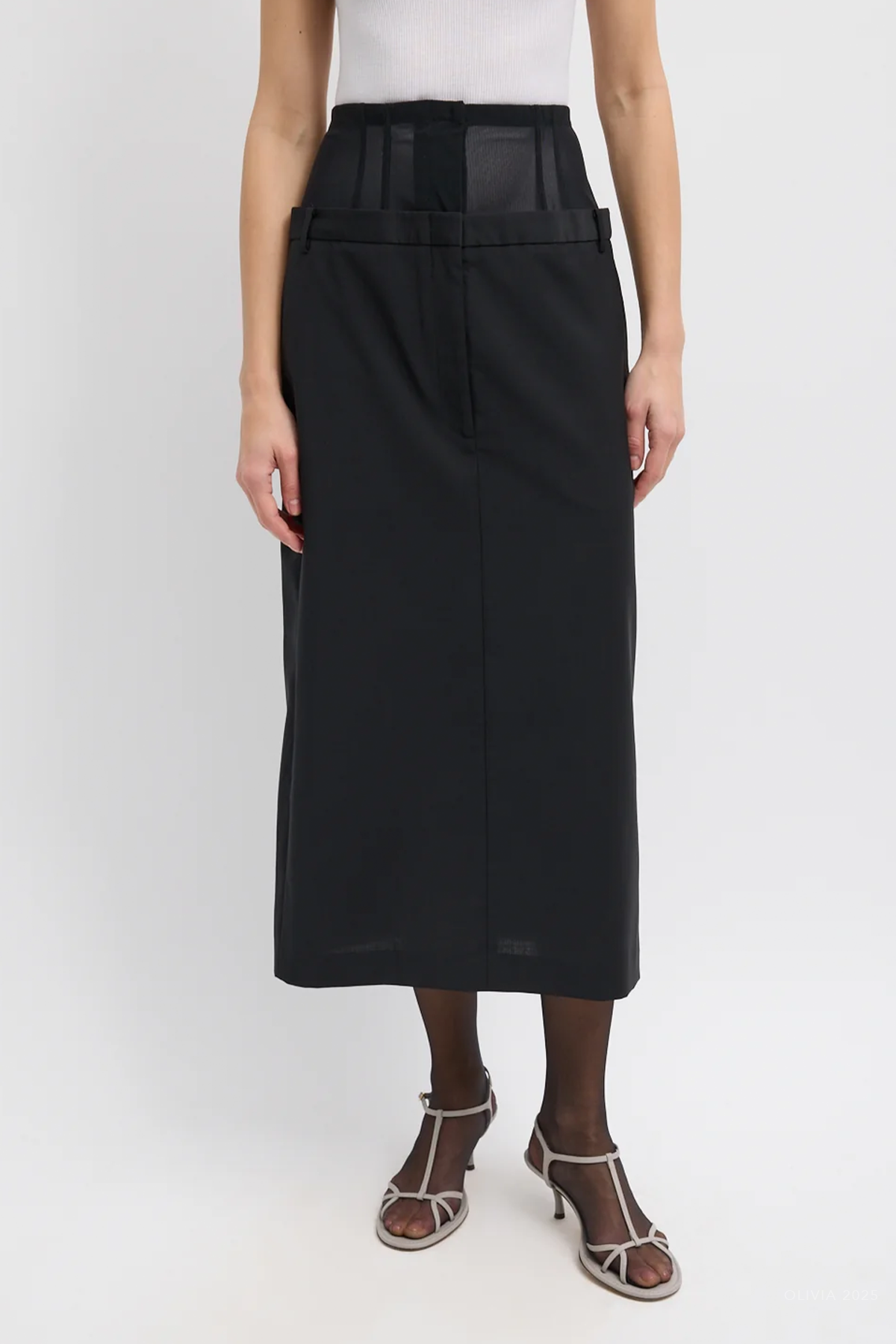 Recycled Tropical Wool Corset Maxi Trouser Skirt in Black