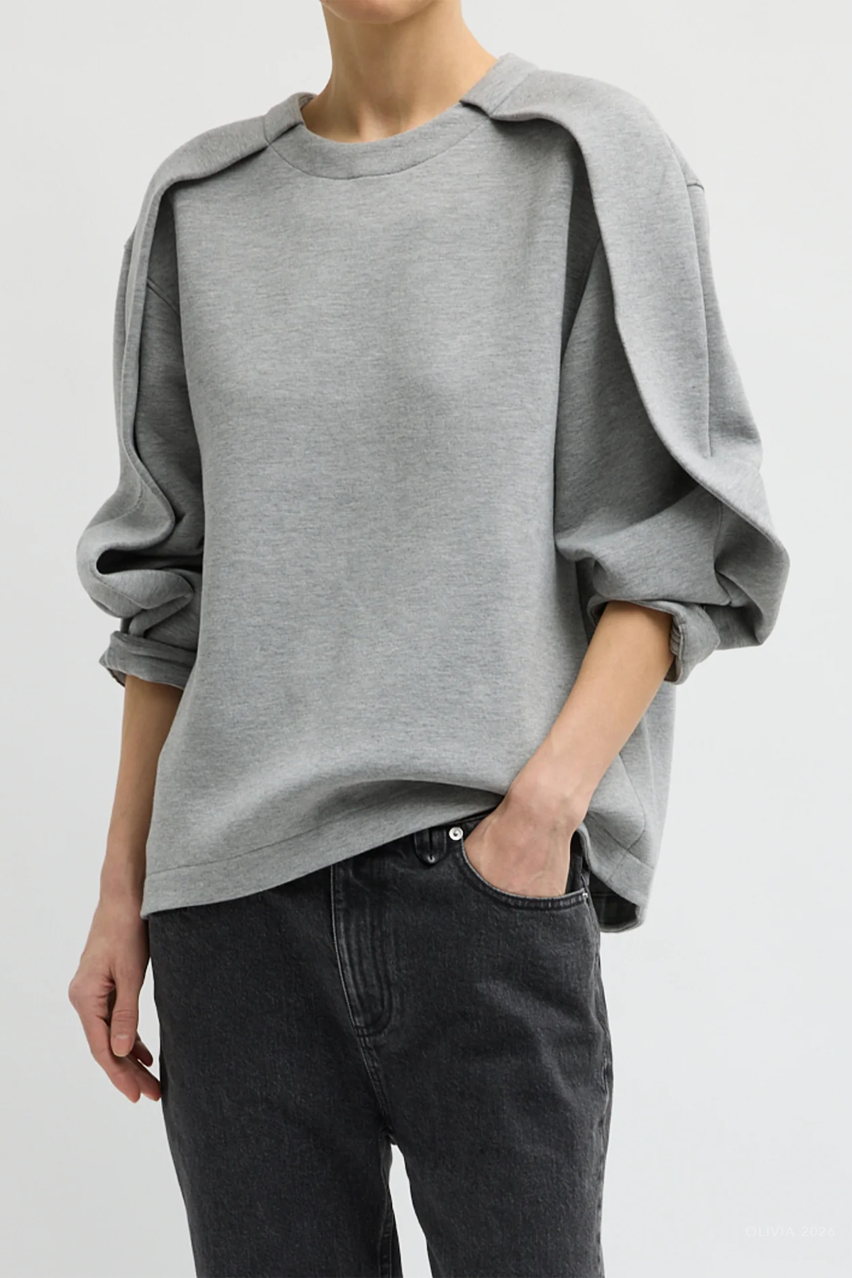 Bonded Viscose Crewneck with Folded Panel in Heather Grey