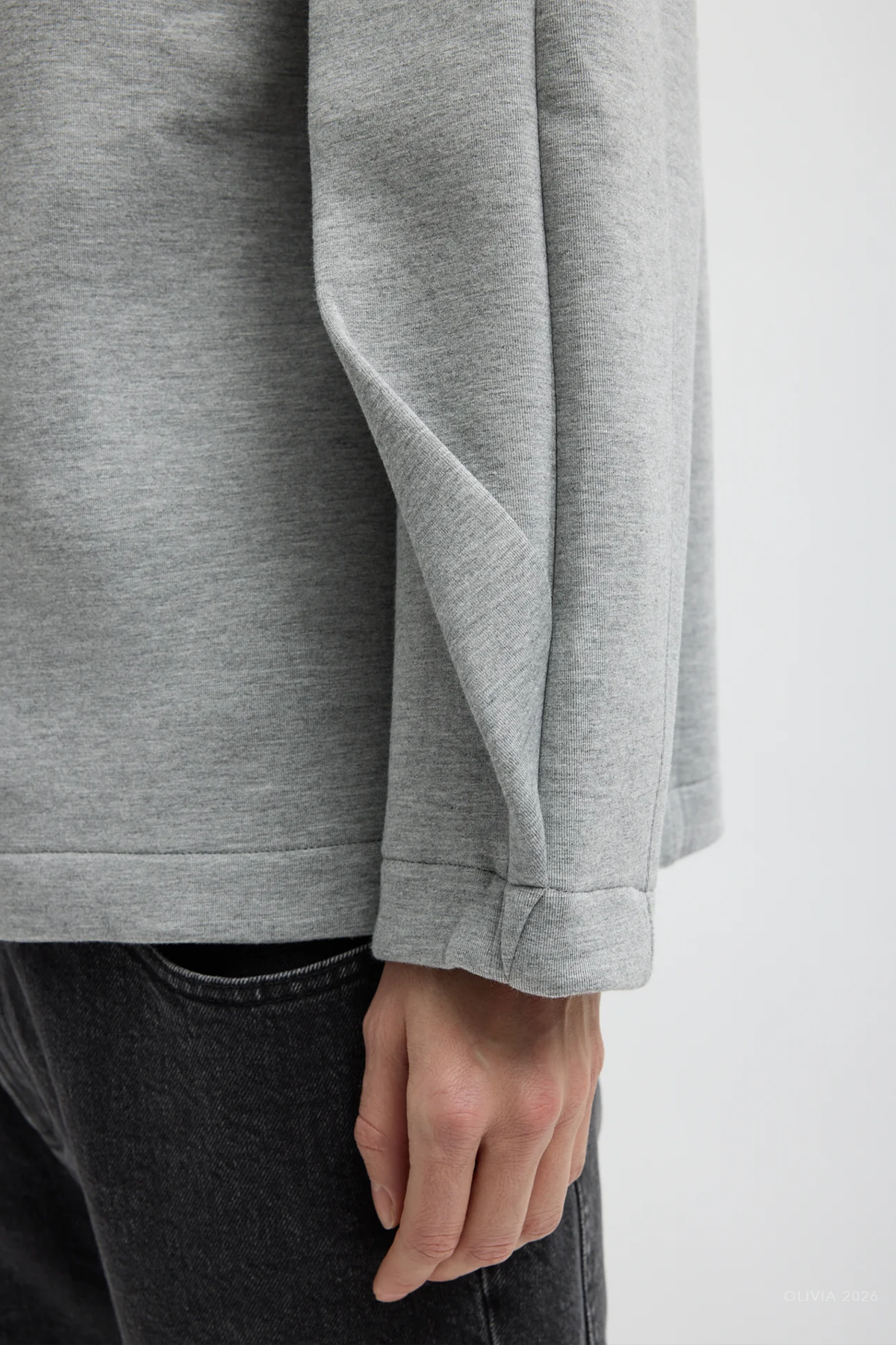 Bonded Viscose Crewneck with Folded Panel in Heather Grey