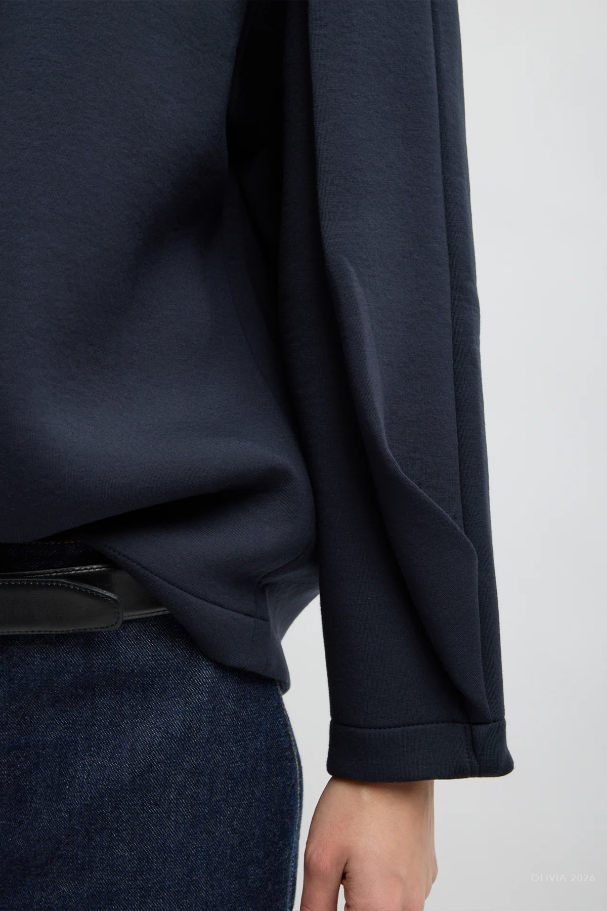 Bonded Viscose Crewneck with Folded Panel in Navy