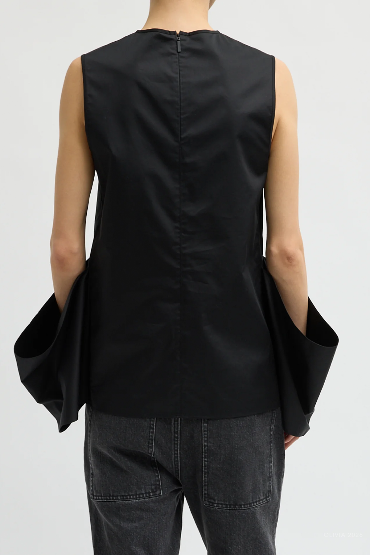Eco Poplin Side Drape Top in Black