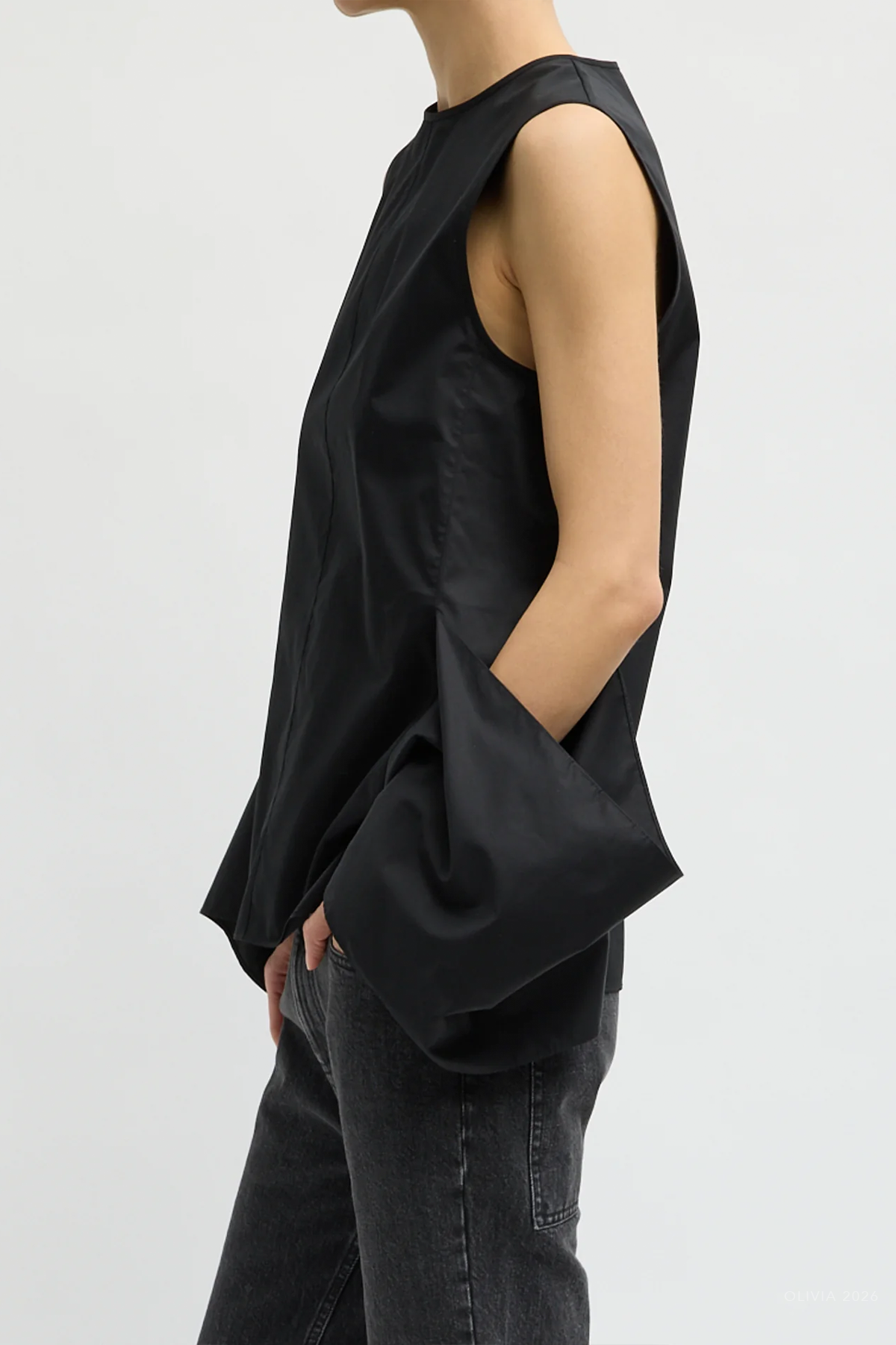 Eco Poplin Side Drape Top in Black