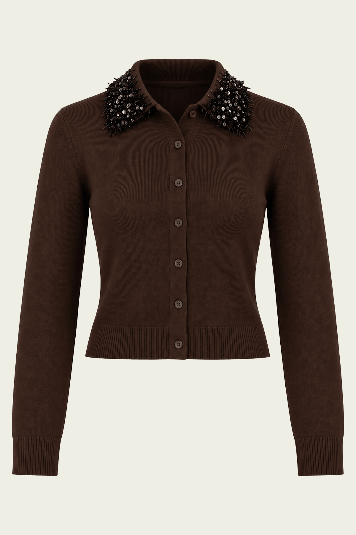 Trae Embellished-Collared Cardigan in Chocolate Black - shop-olivia.com