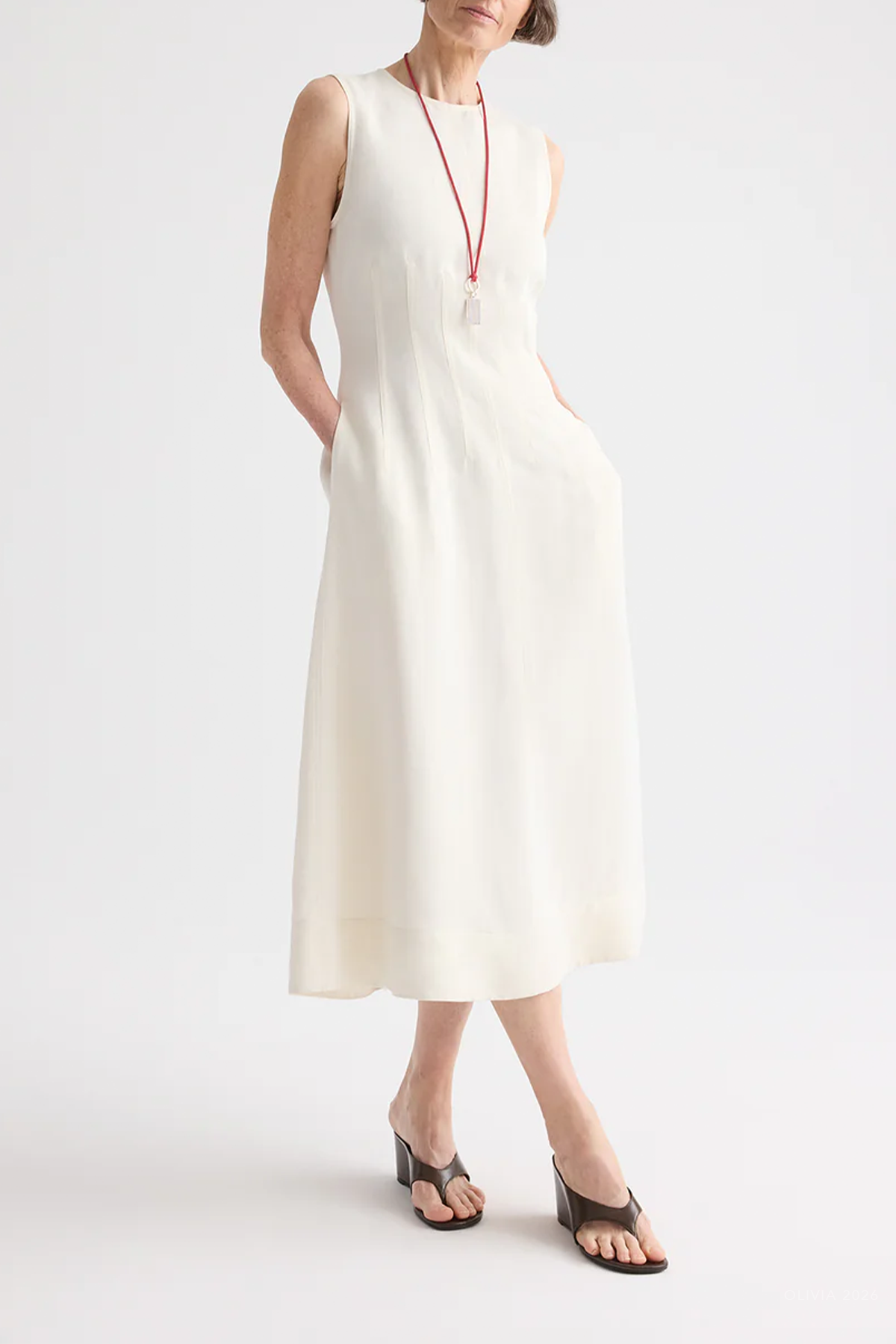 Crew Neck Dress with Darts in Bone