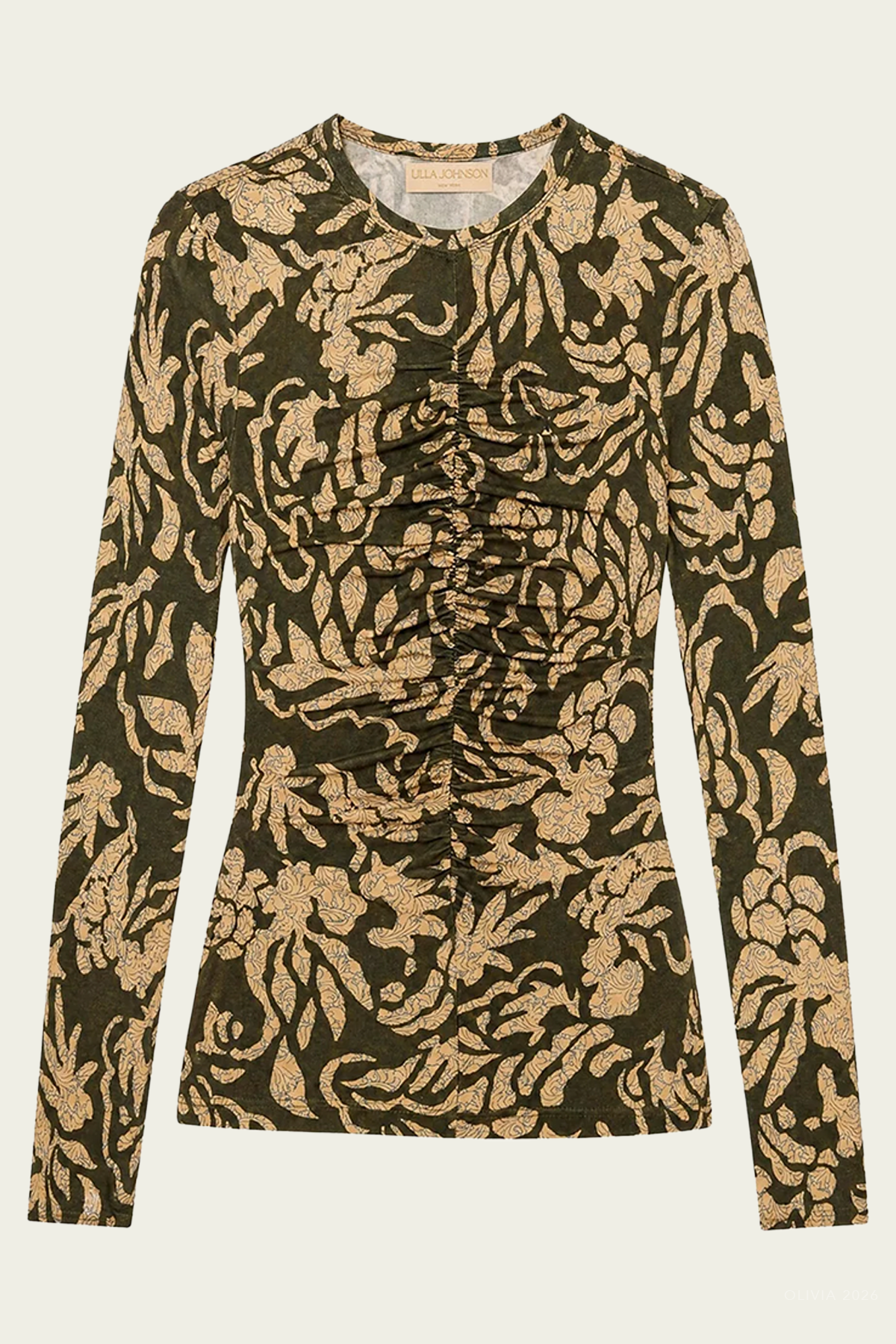 Asha Long-Sleeve Jersey Top in Khaki Floral