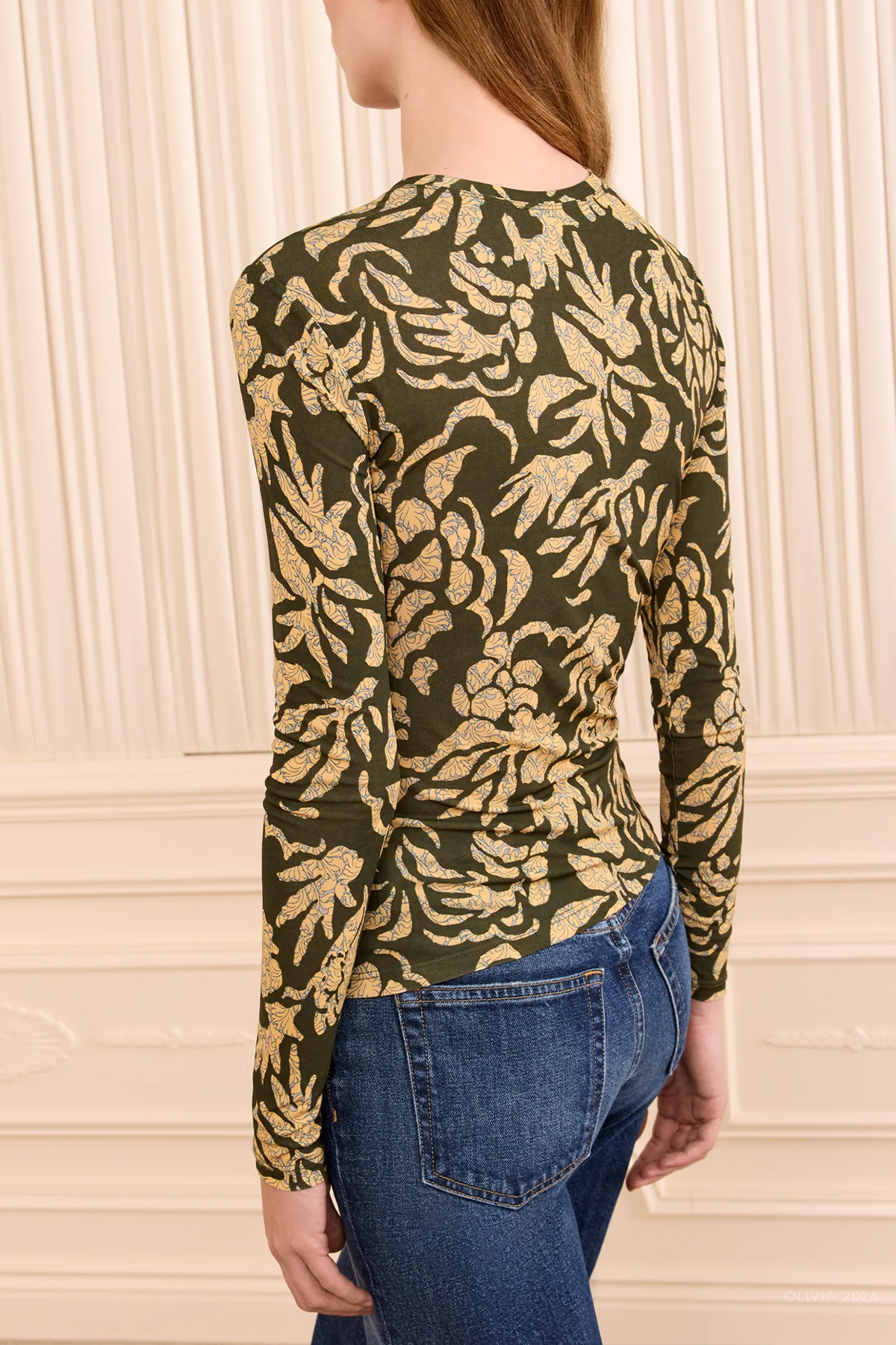 Asha Long-Sleeve Jersey Top in Khaki Floral