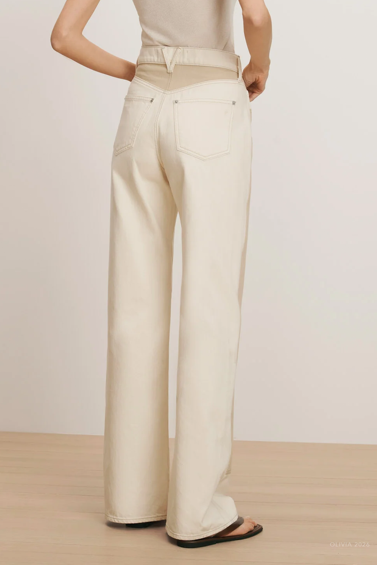 Taylor Color-Block Wide-Leg Jean in Ecru Stone Khaki