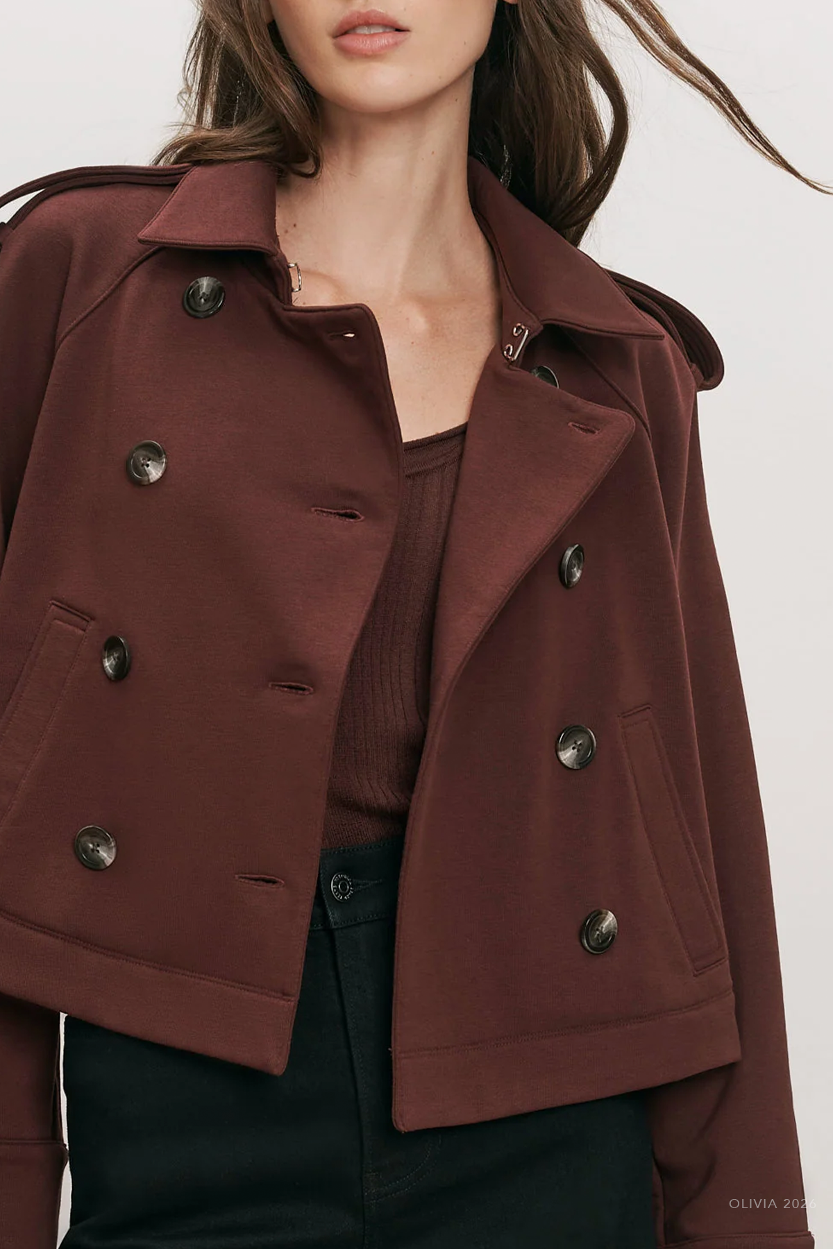 Conneley Cropped Trench Coat in Burgundy