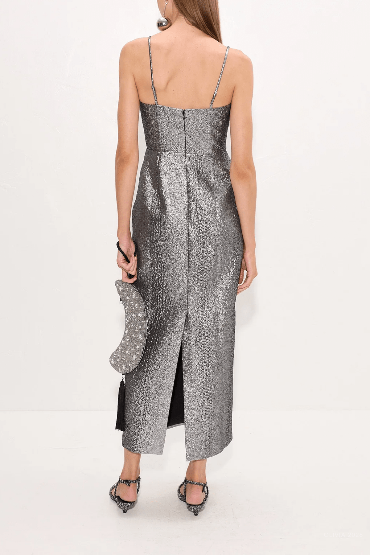 Verdelle Metallic Midi Dress in Pewter - shop-olivia.com