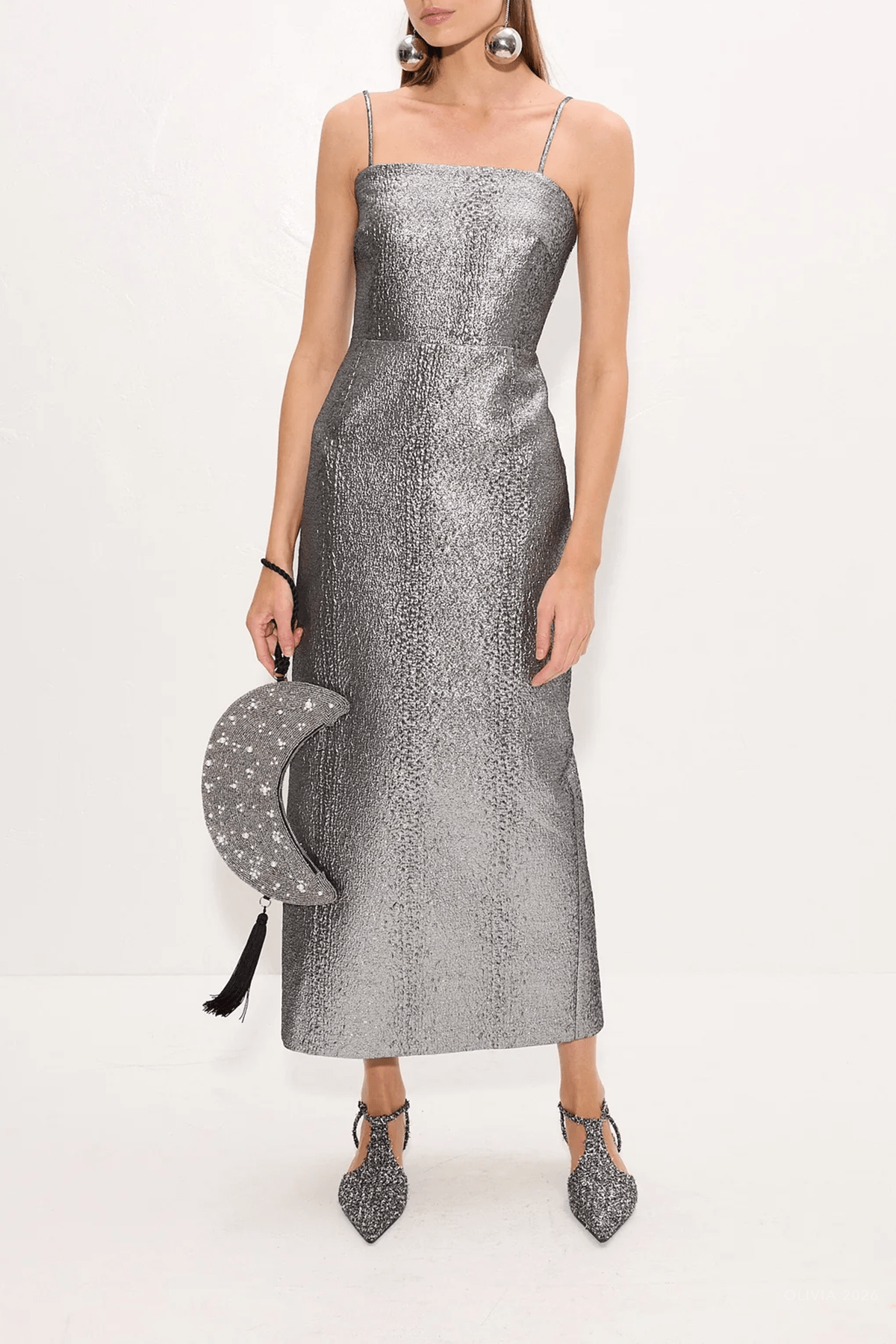 Verdelle Metallic Midi Dress in Pewter - shop-olivia.com