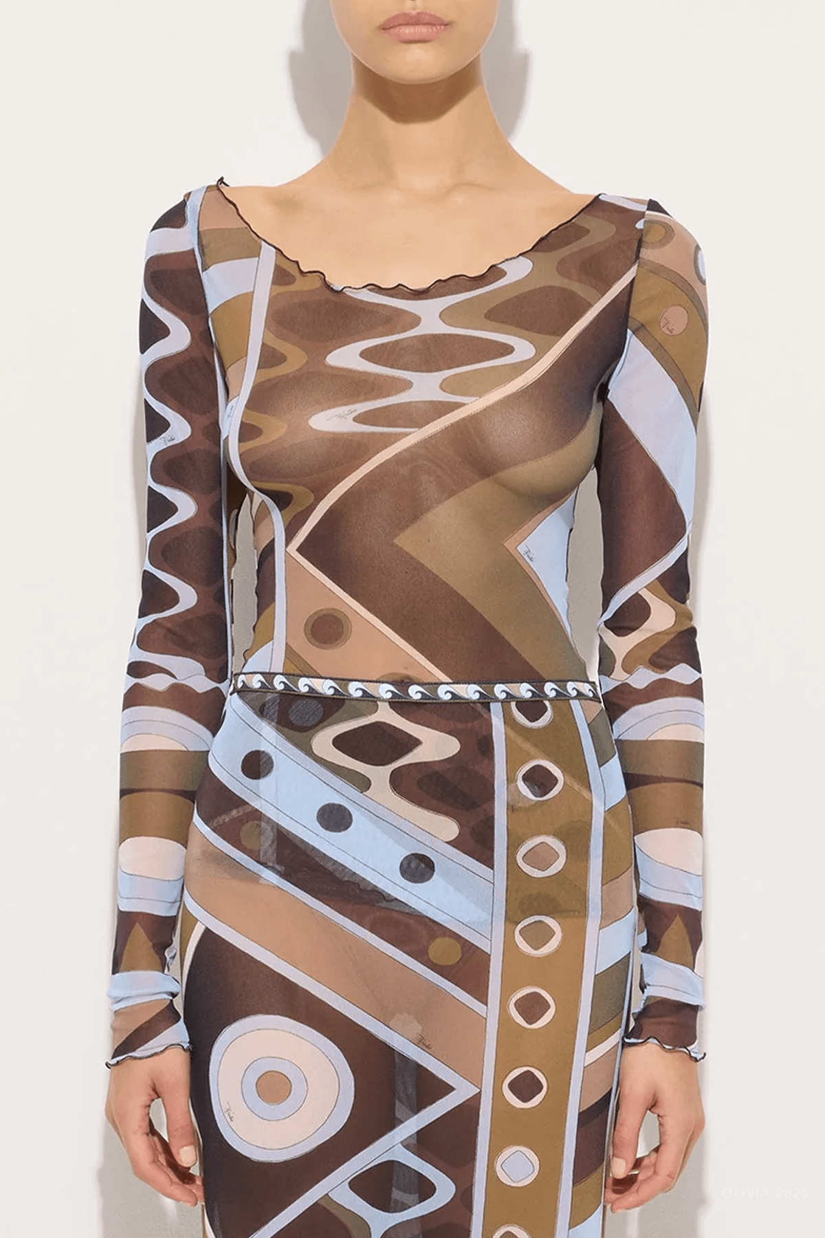 Vivara - Print Long - Sleeve Tulle Top in Khaki Blue - shop - olivia.com