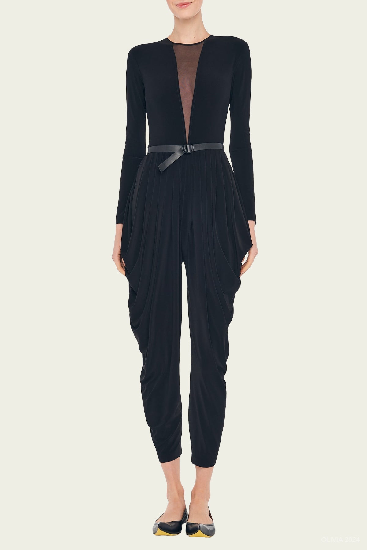 Waterfall Jumpsuit With Mesh Insert in Black - shop - olivia.com