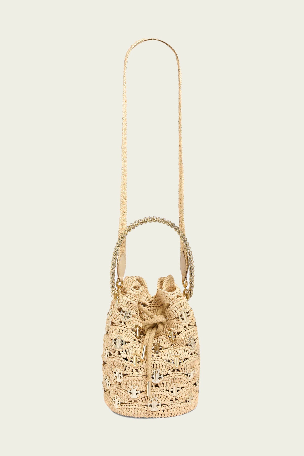 Wave Bucket Bag with Signature 1969 Discs in Natural/Light Gold - shop - olivia.com