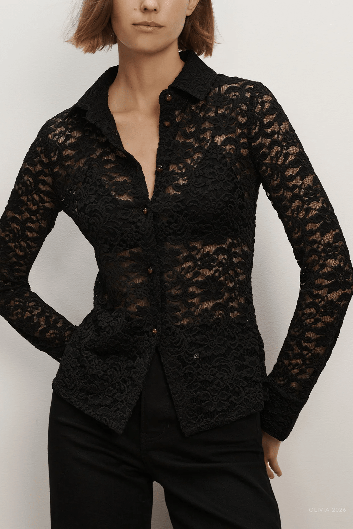 Wittaker Lace Button-Down Blouse in Black - shop-olivia.com