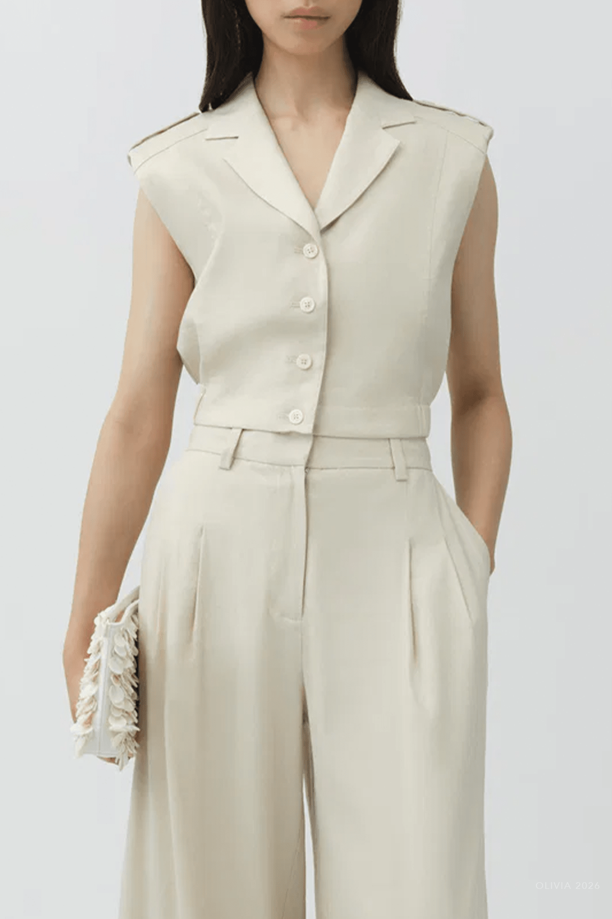 York Cropped Linen Vest in Sand - shop - olivia.com