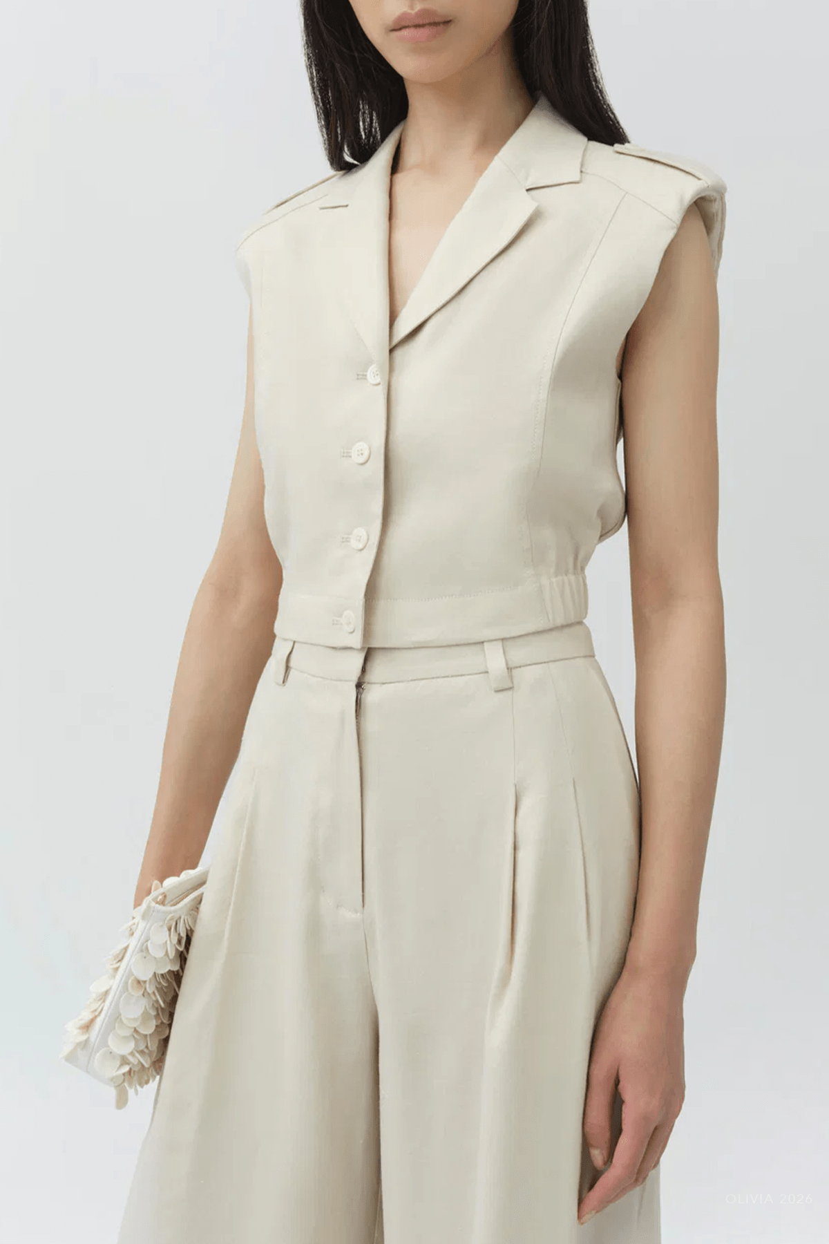York Cropped Linen Vest in Sand - shop - olivia.com
