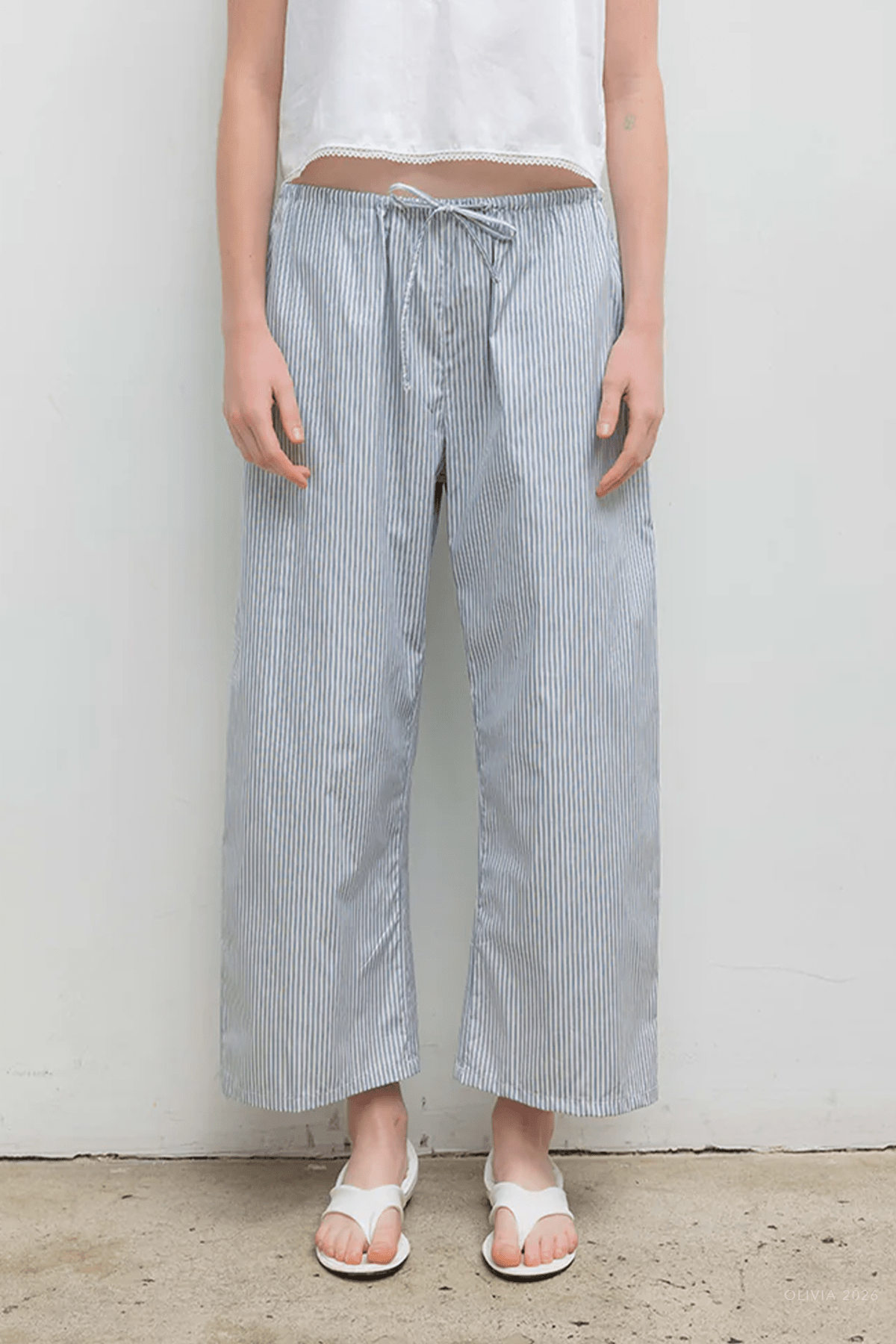 Yoshi Stripe Crop Drawstring Pant in Stone Multi Stripe - shop-olivia.com