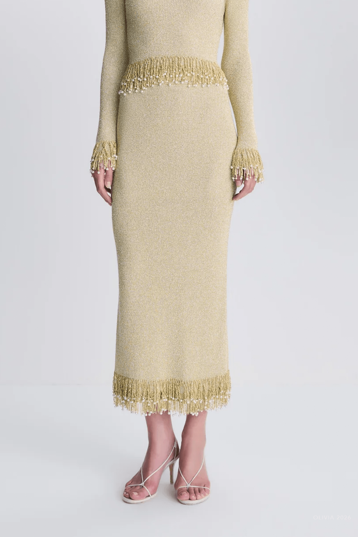 Zeni Pearl Fringe Skirt in Gold - shop-olivia.com