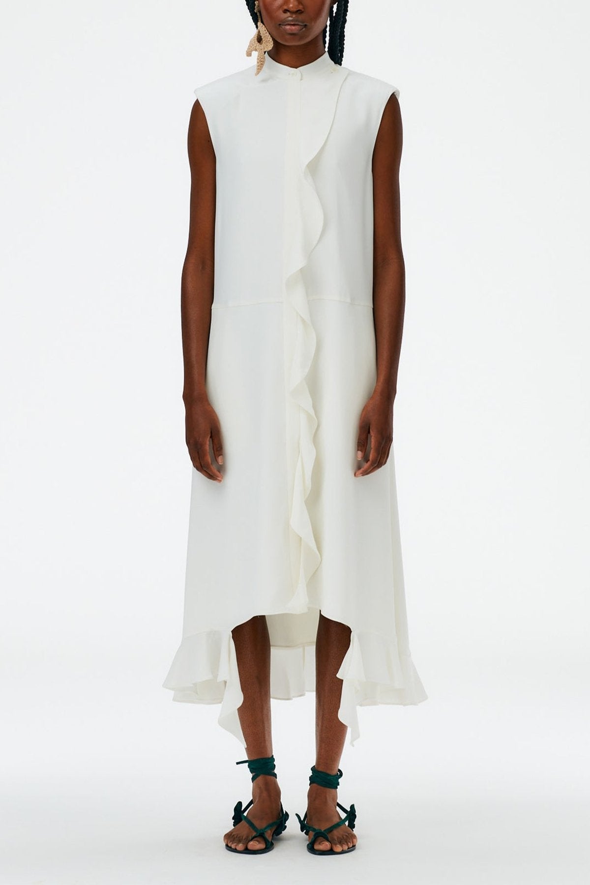 4Ply Silk Detached Ruffle Shirtdress in White - shop-olivia.com