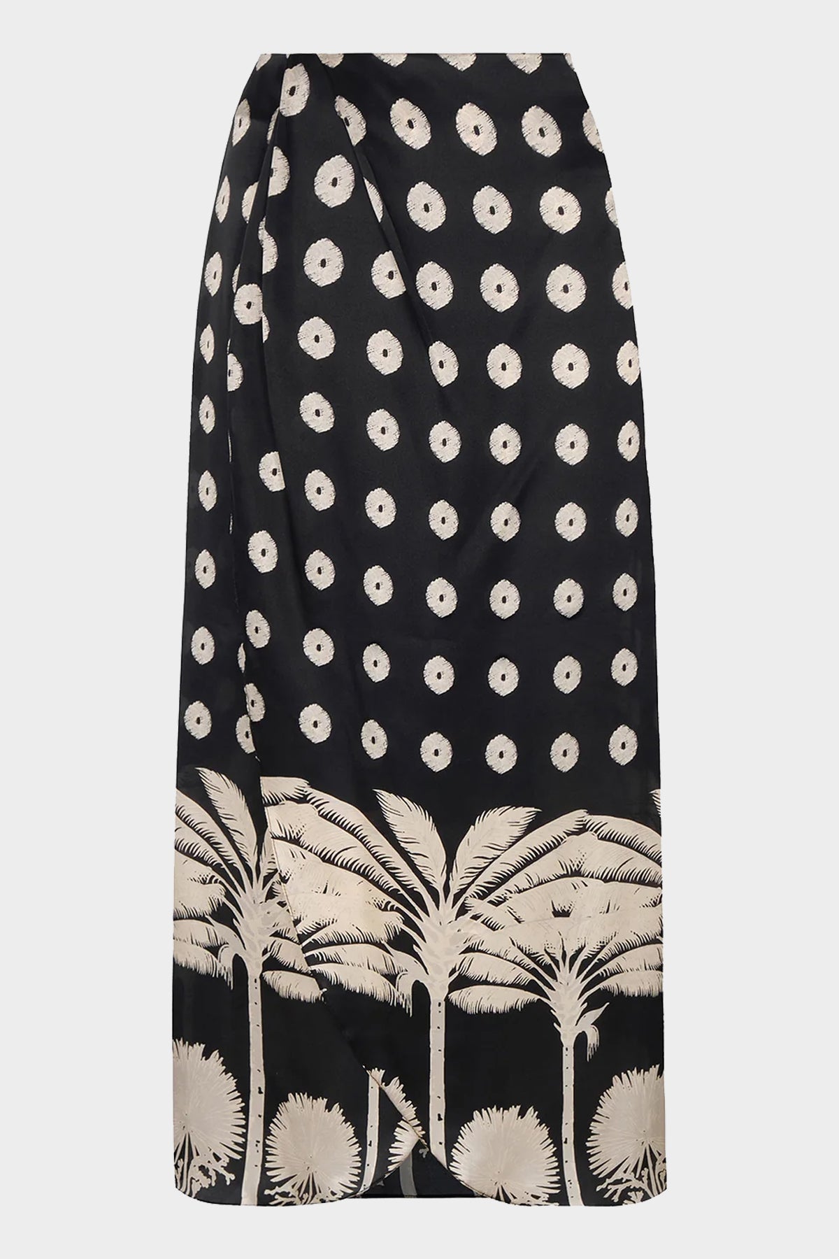 Amaime Satin Silk Midi Skirt in Black Mini Palms Cream - shop-olivia.com