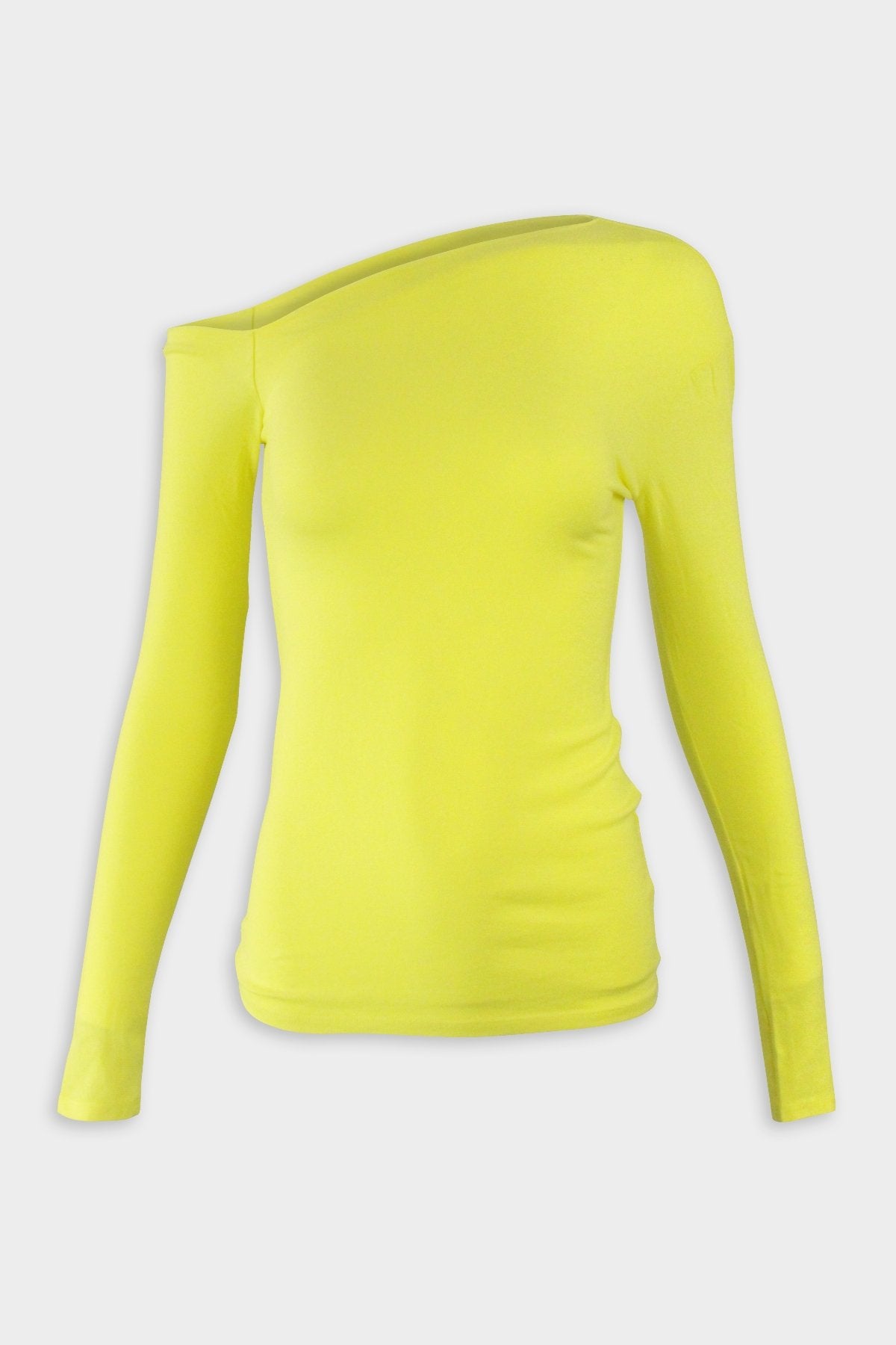 Angled Exposed Shoulder Long Sleeve Blouse in Citron