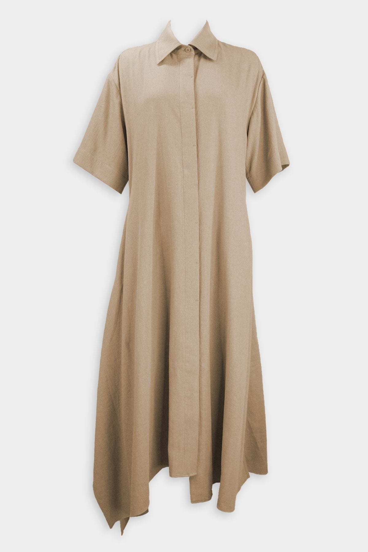 Asymmetric Hem Linen Cotton Shirt Dress in Beige - shop-olivia.com