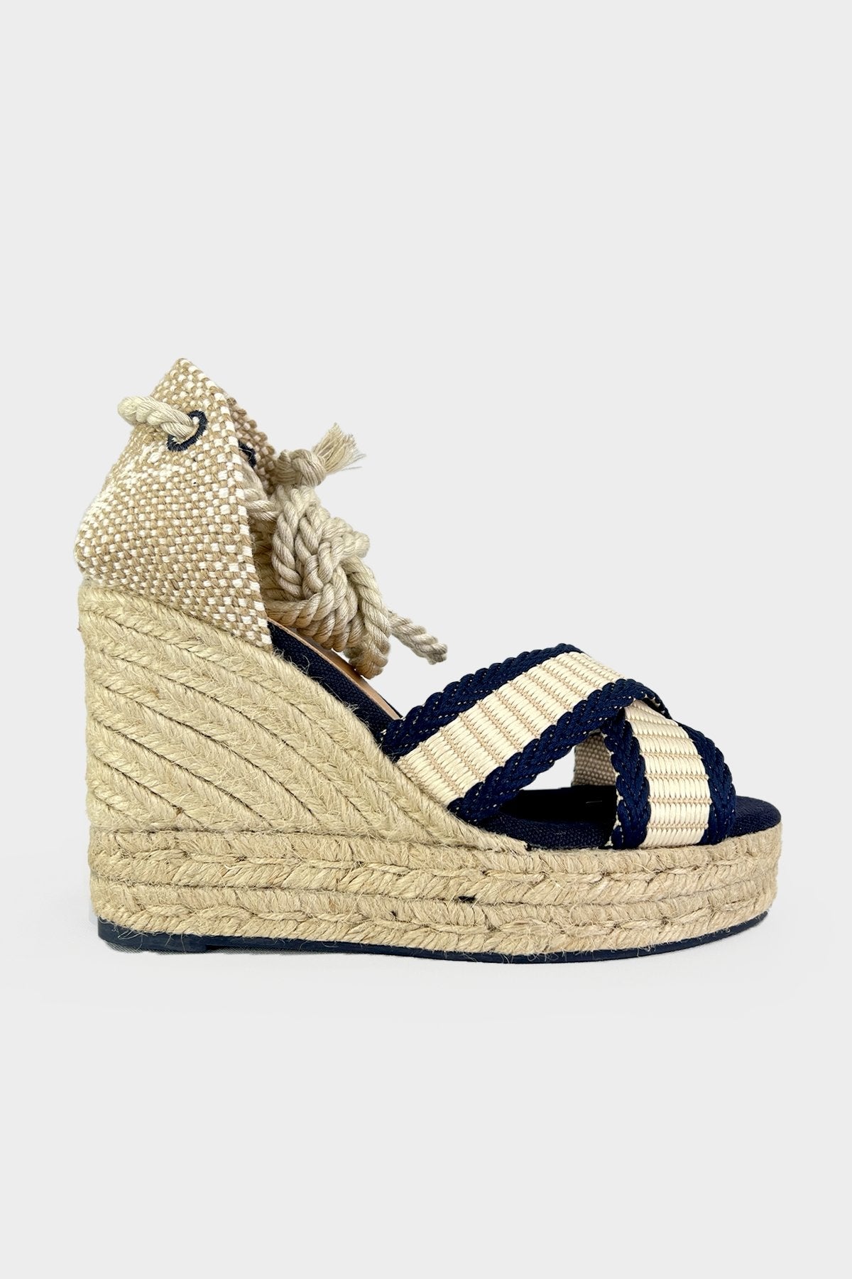 Belisa Ankle Wrap Wedge Sandal in Azul Marino/Crudo - shop-olivia.com