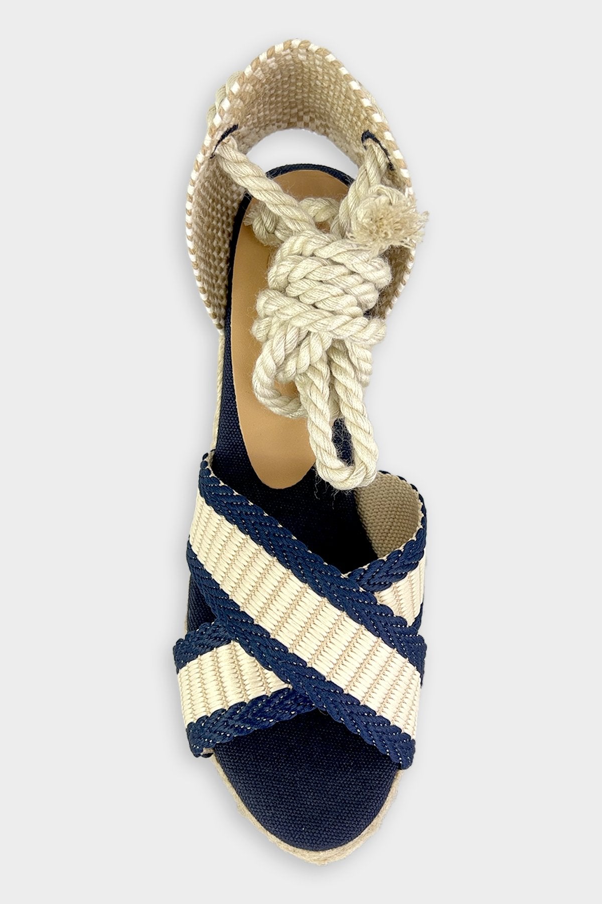 Belisa Ankle Wrap Wedge Sandal in Azul Marino/Crudo - shop-olivia.com
