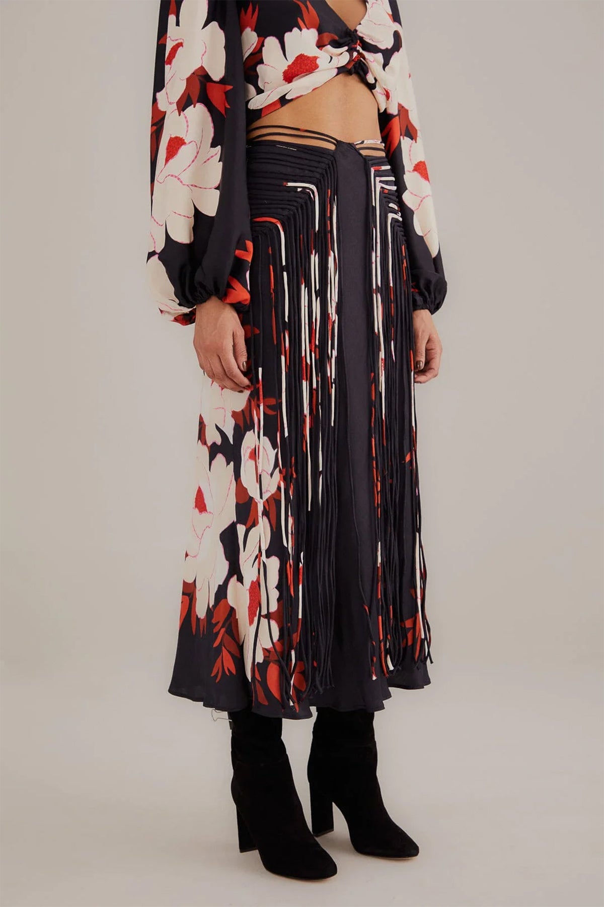 Black Peony Fringe Midi Skirt - shop-olivia.com