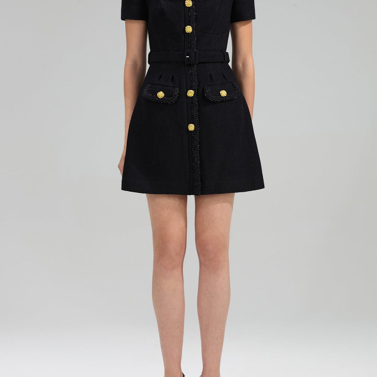 Black Textured Woven Mini Dress