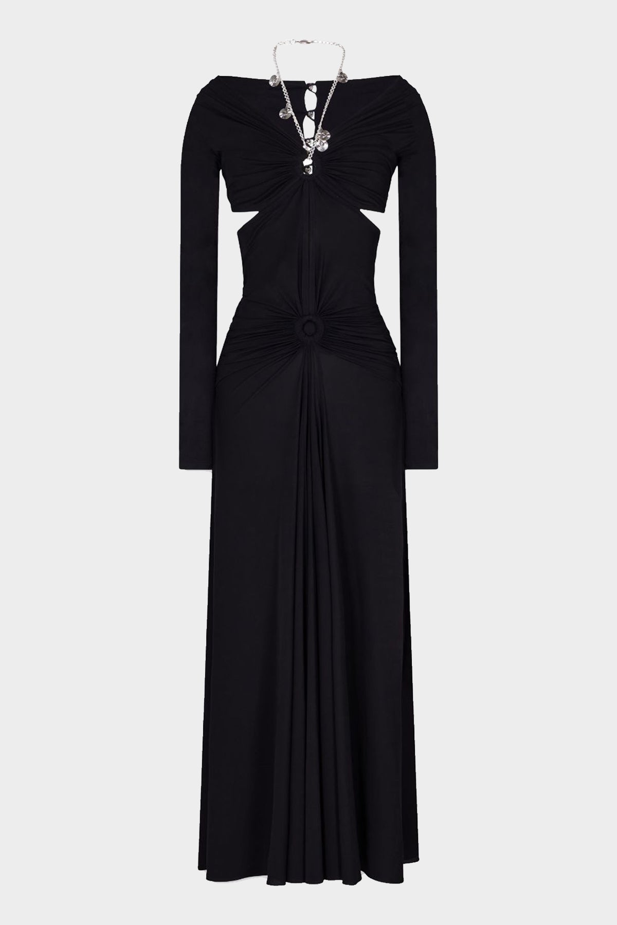 Chain-Detail Draped Long Dress in Black - shop-olivia.com