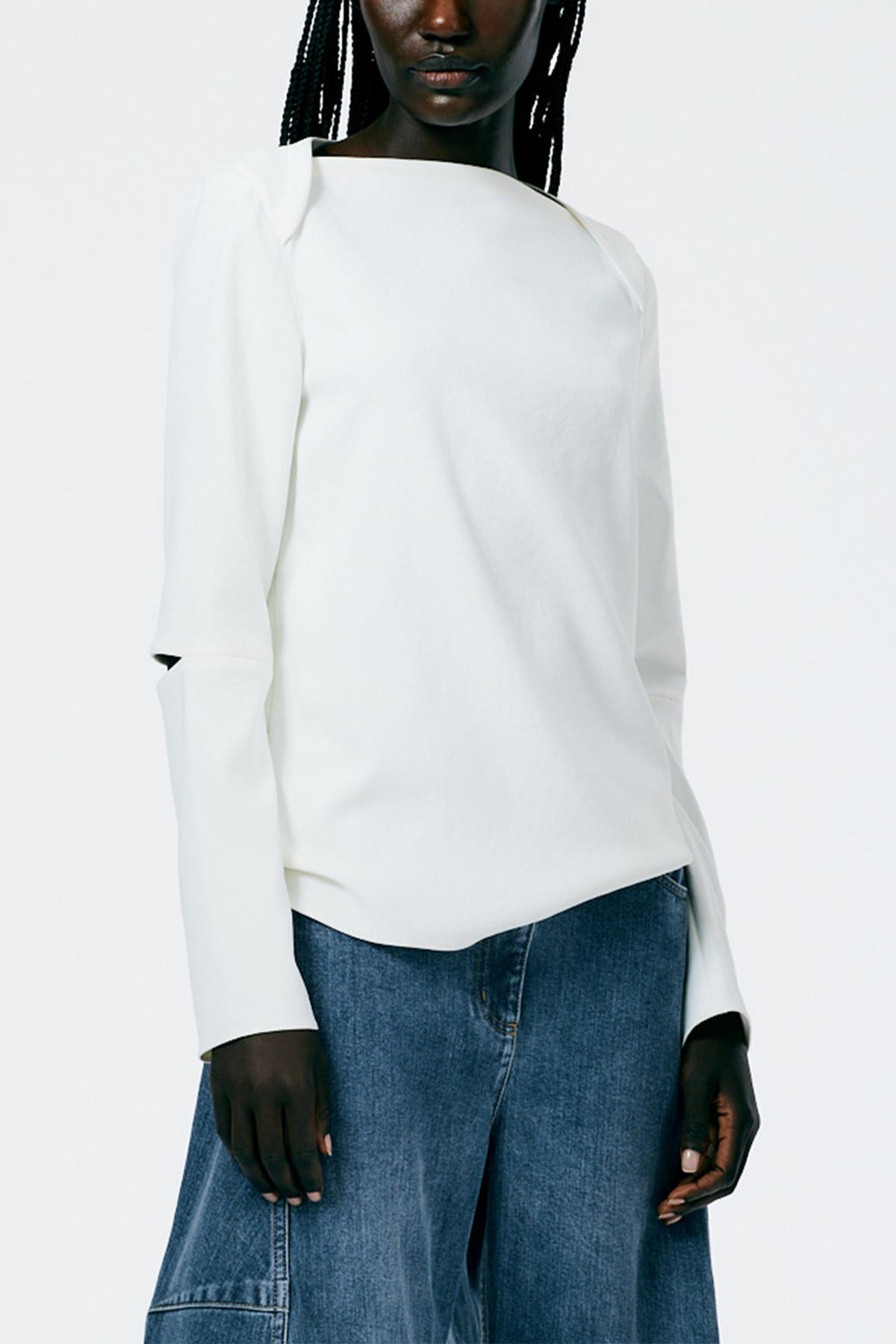 Chalky Drape Bebe Long Sleeve Top in White - shop-olivia.com