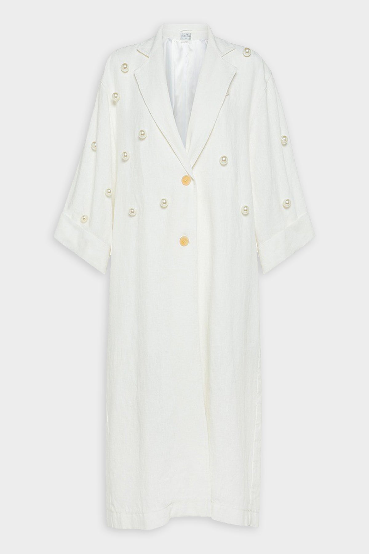 Chic Linen Dust Coat with Pearl Detailing in White - shop-olivia.com