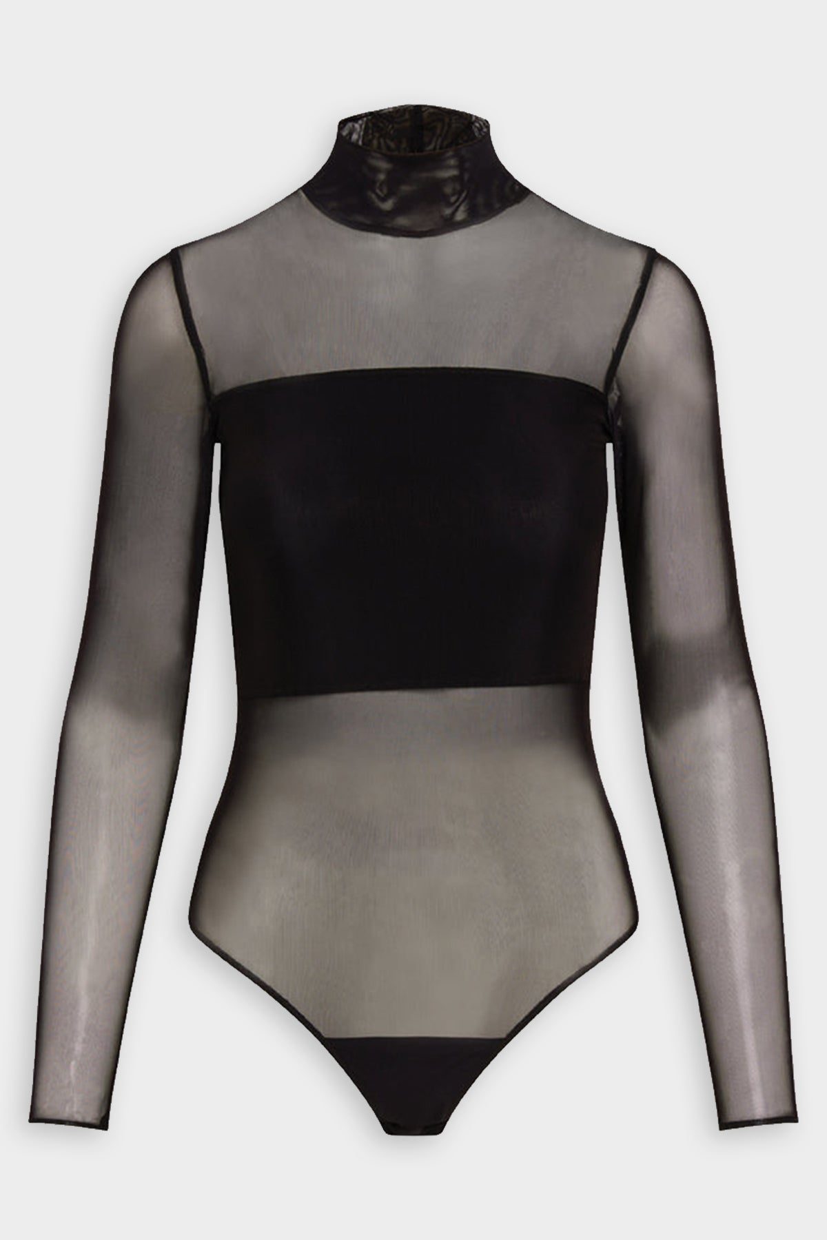 Chic Mesh Mockneck Paneled Bodysuit in Black - shop-olivia.com
