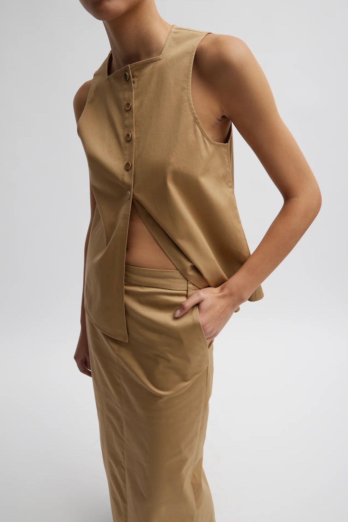 Chino Slit Front Sleeveless Top in Tan - shop-olivia.com