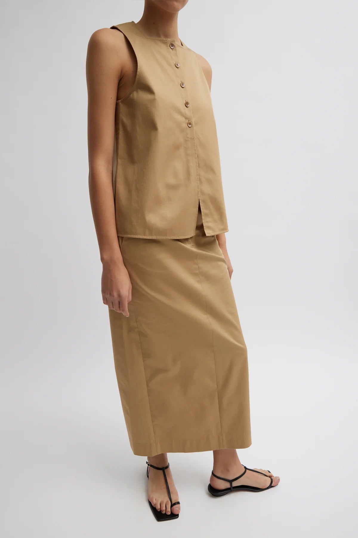Chino Slit Front Sleeveless Top in Tan - shop-olivia.com