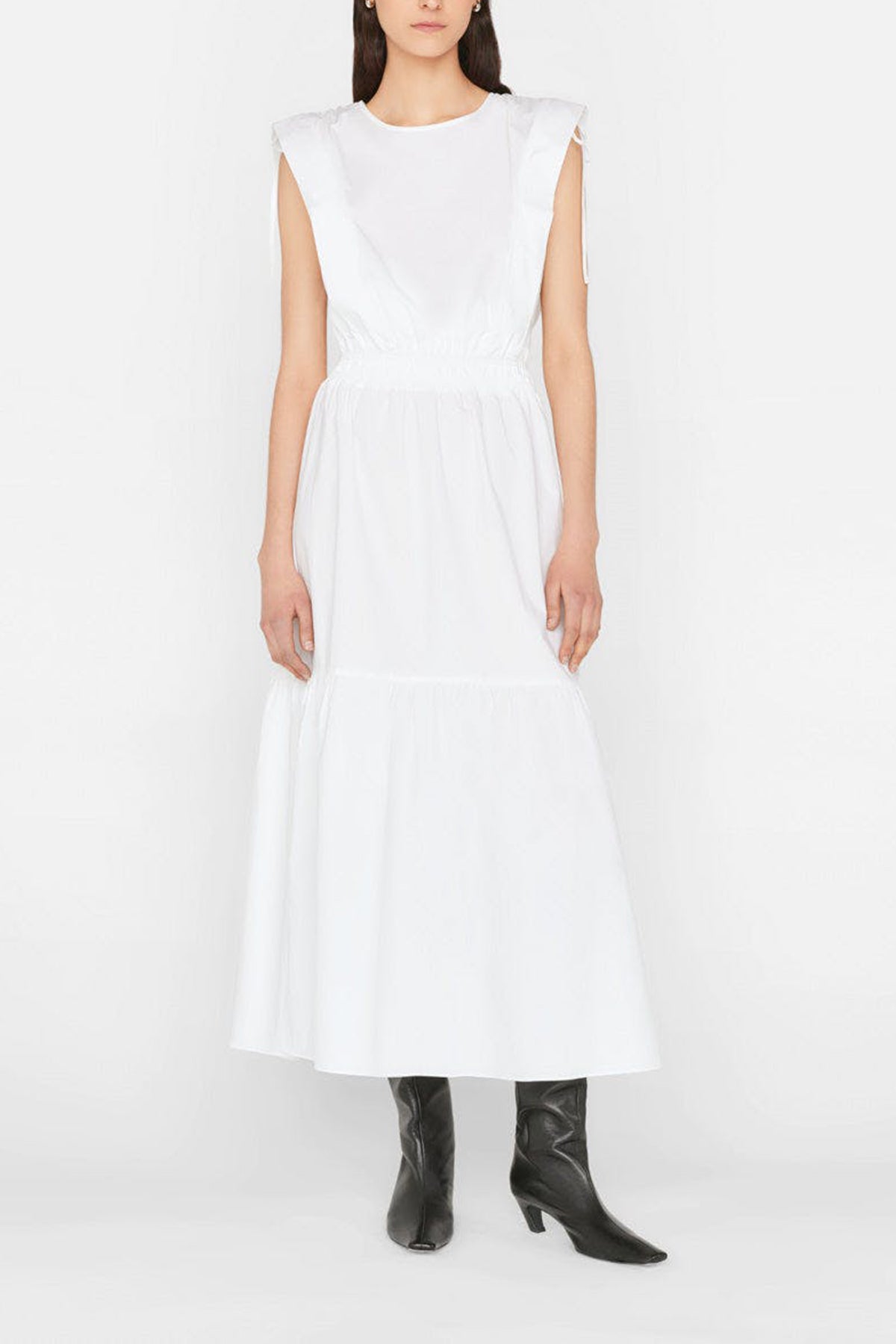Cinched Shoulder Midi Dress in Blanc - shop-olivia.com