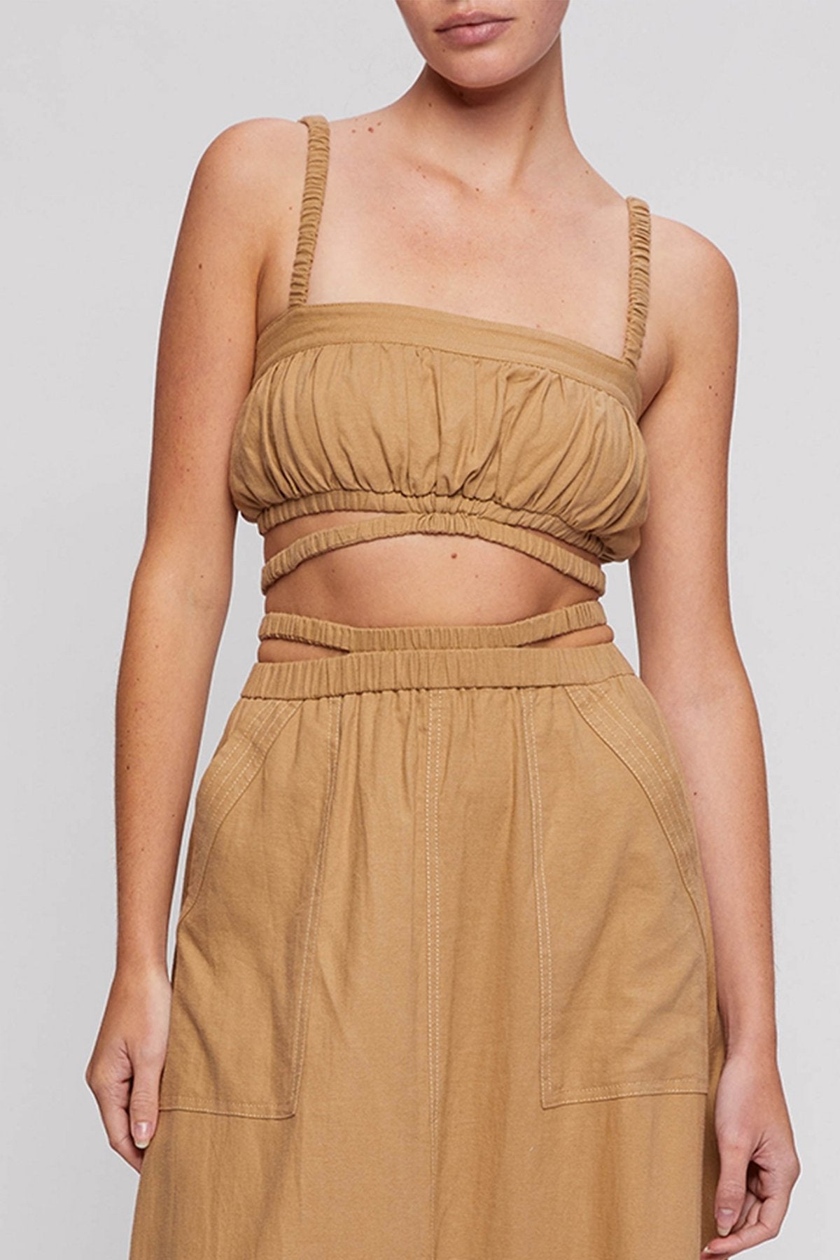 Clay Washed Linen Ruched Crop Top in Topax - shop-olivia.com