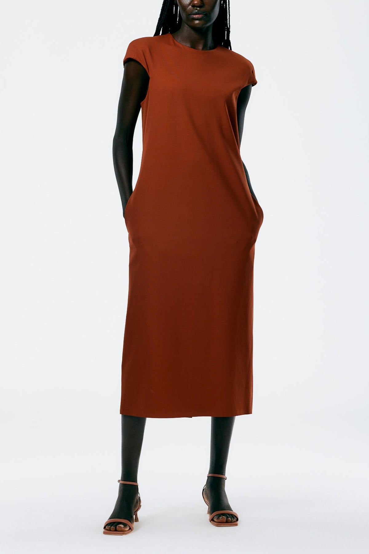 Compact Ultra Stretch Knit Lean Sleeveless Dress in Redwood - shop-olivia.com